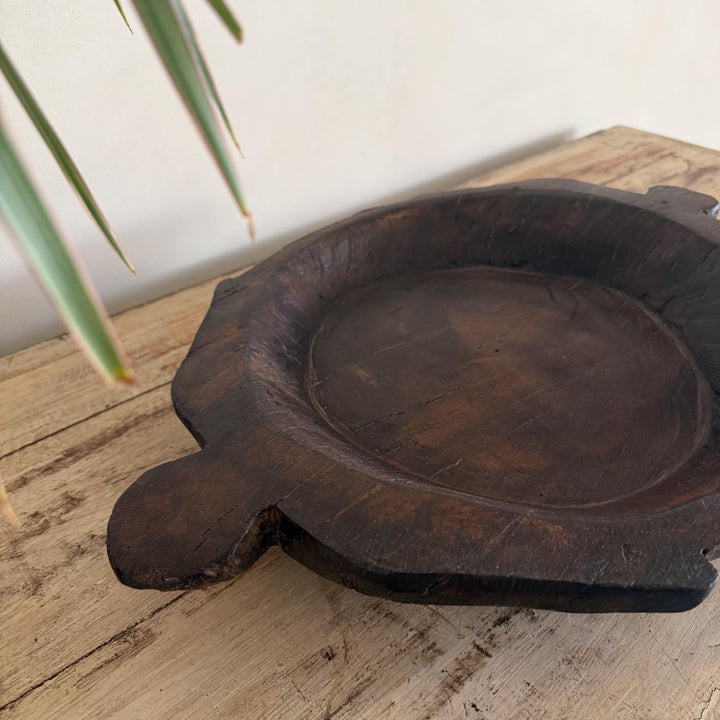 Vintage Teak Wood Dough Bowl | Dark Rustic Parat Tray 19" - Project Kalaā