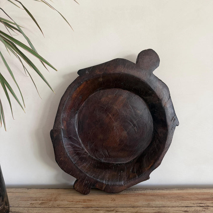 Vintage Teak Wood Dough Bowl | Dark Rustic Parat Tray 19" - Project Kalaā