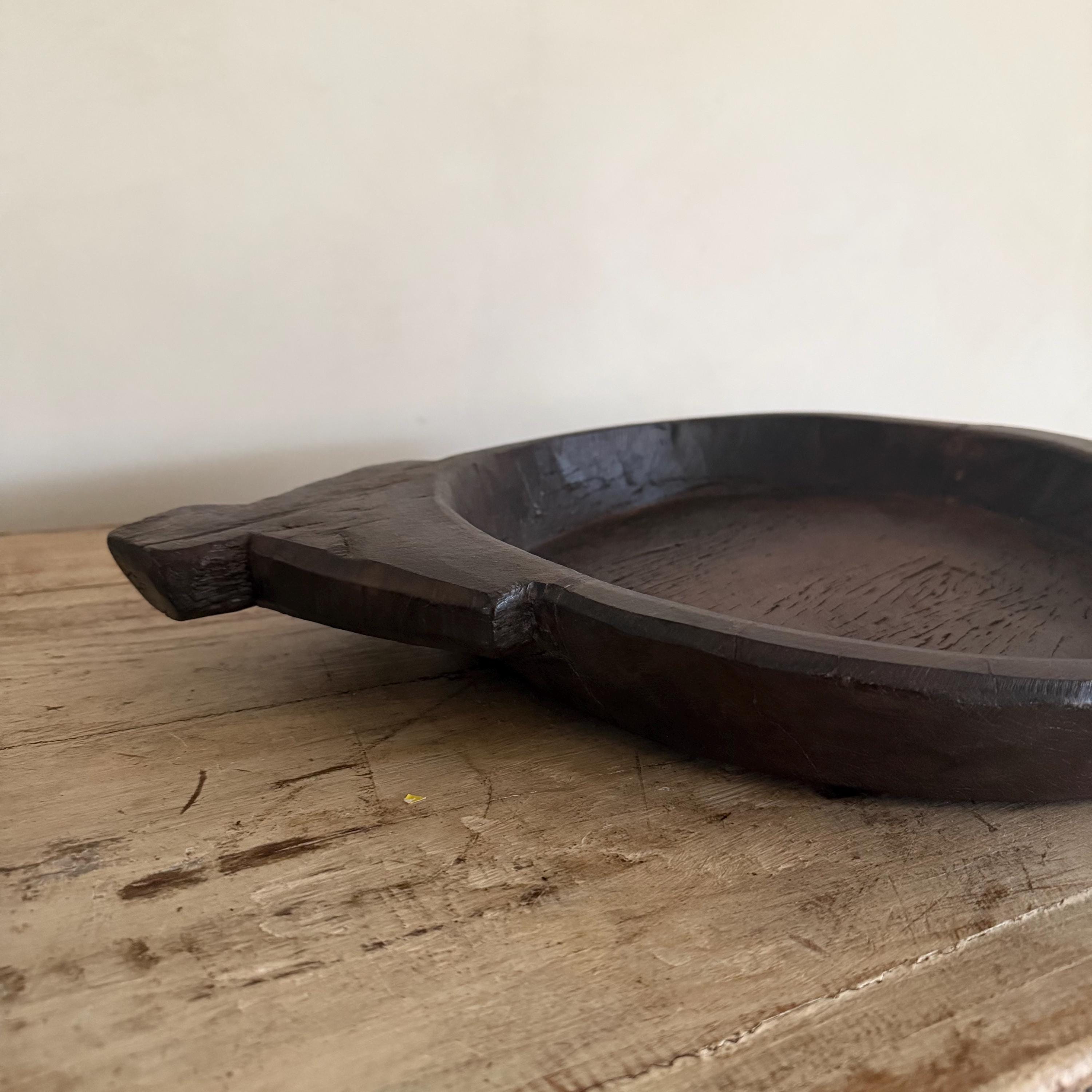 Vintage Teak Wood Dough Bowl | Dark Rustic Parat Tray 23.2" - Project Kalaā