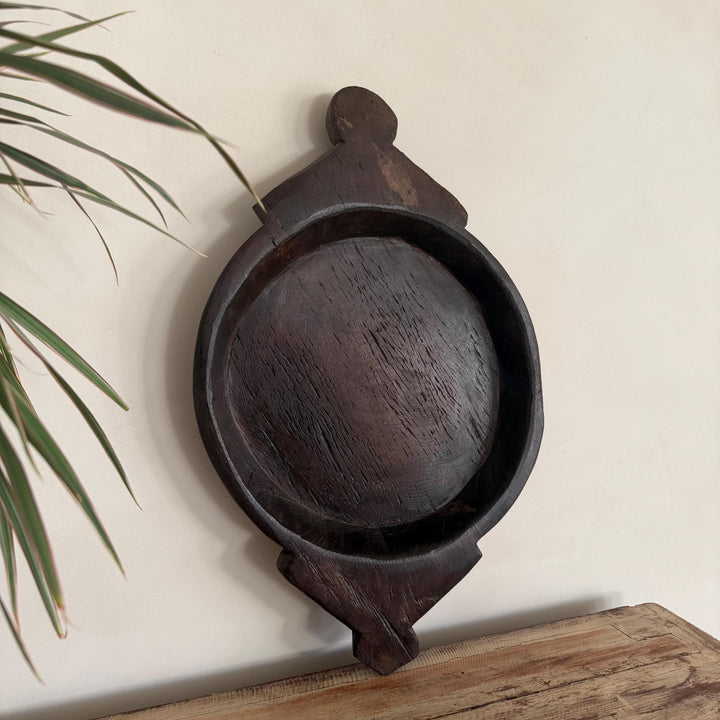 Vintage Teak Wood Dough Bowl | Dark Rustic Parat Tray 23.2" - Project Kalaā