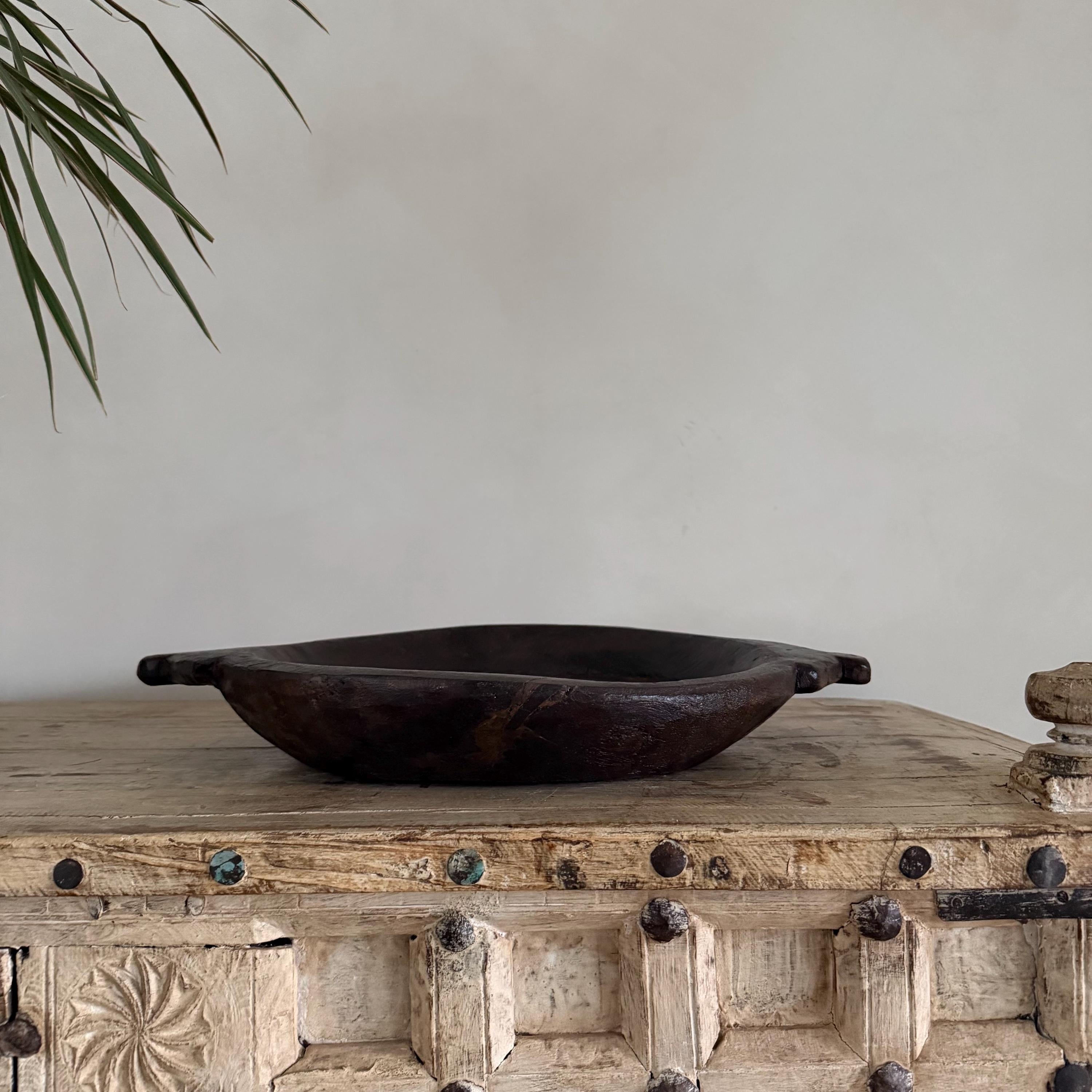 Vintage Teak Wood Dough Bowl | Dark Rustic Parat Tray 19" - Project Kalaā