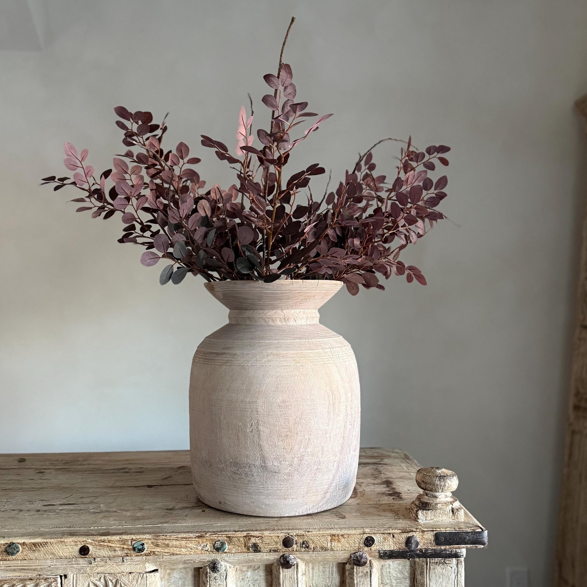 Extra Large Antique Teak Wood Vase 14" | Vintage Bleached Vessel | Hand Carved Wabi Sabi Jar