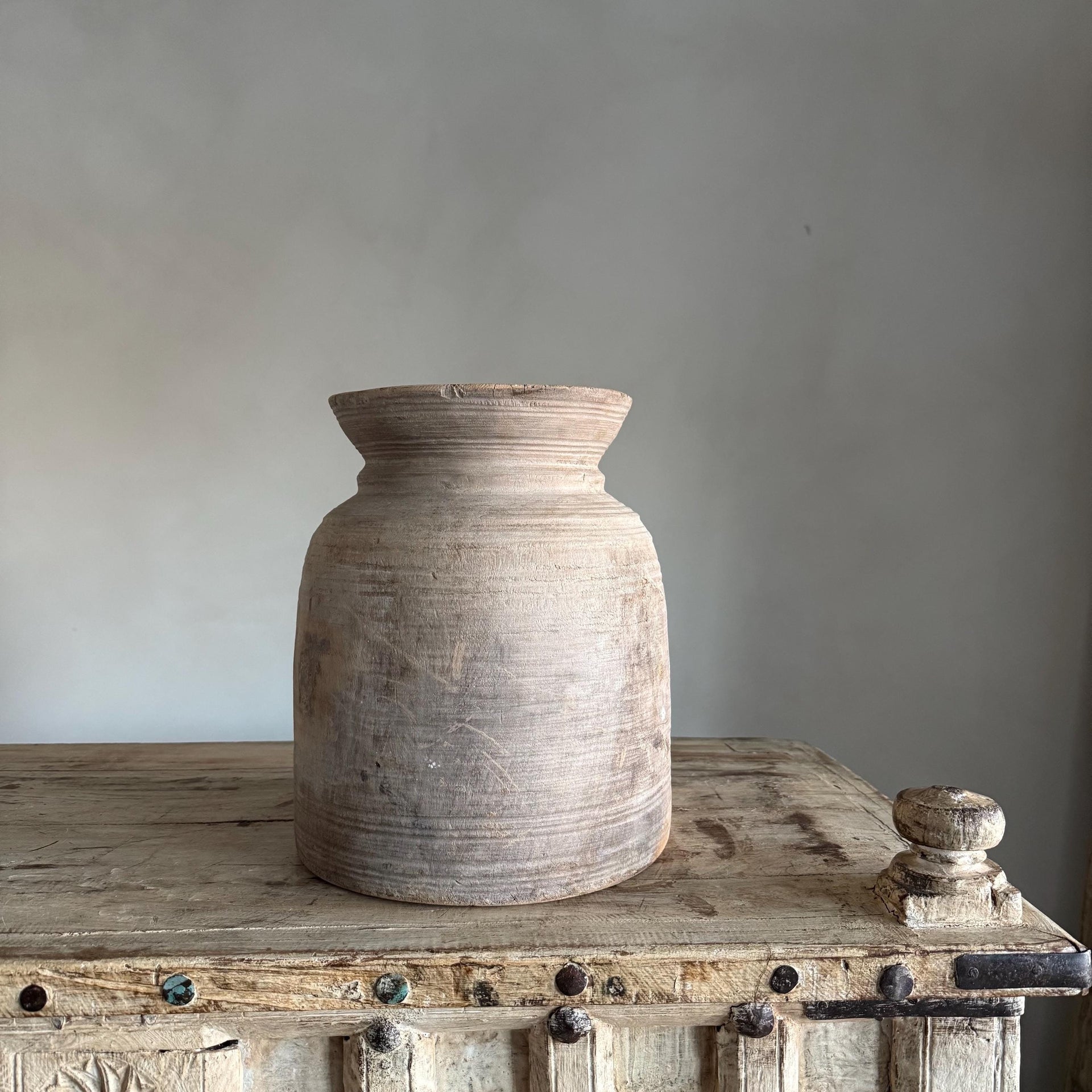 Large Antique Teak Wood Vase 12.5" | Vintage Bleached Vessel | Hand Carved Wabi Sabi Jar