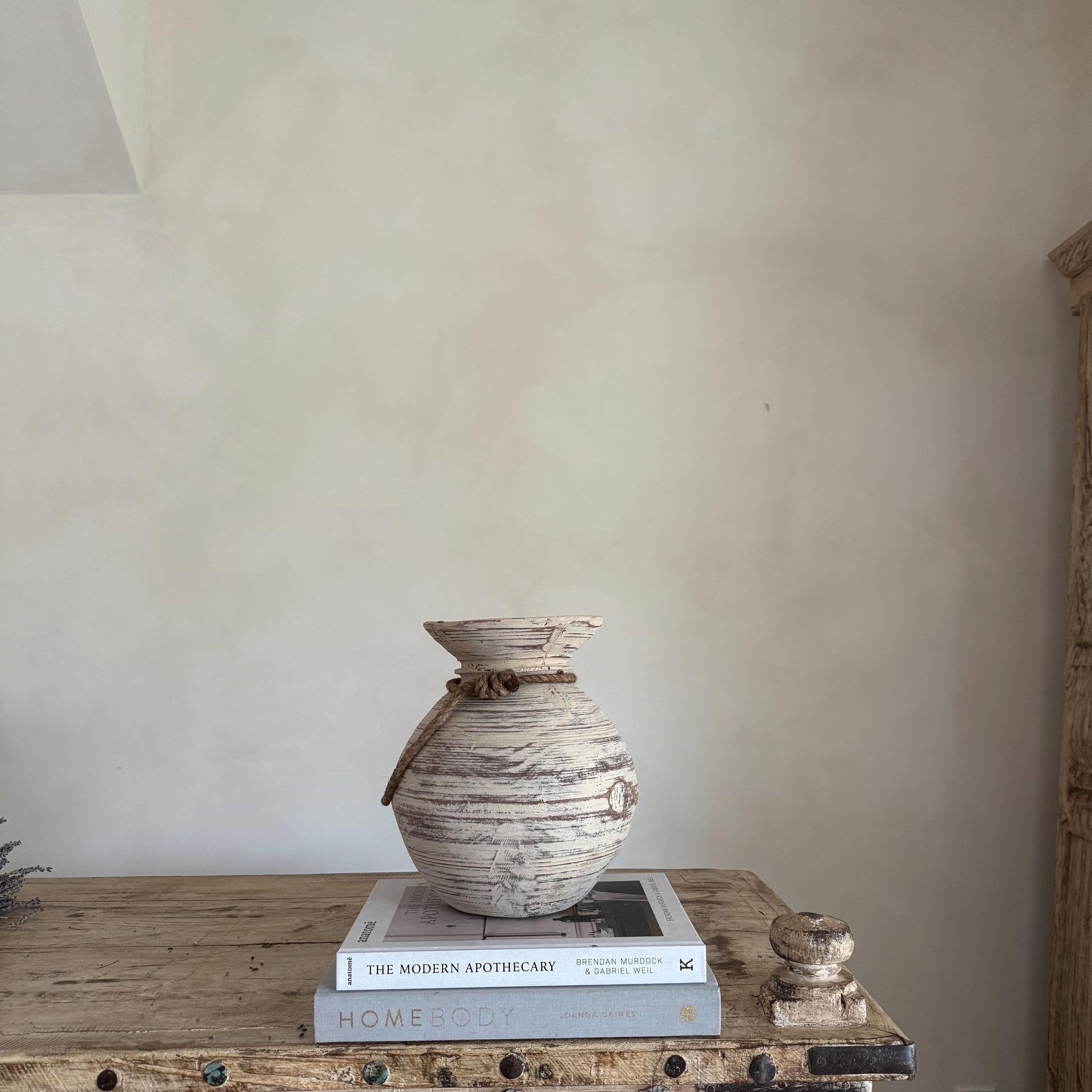 Vintage Wooden Matka Water Pot with Iron Tealight Spoon | Rustic Whitewashed Vase | Organic Wabi Sabi Decor - Project Kalaā