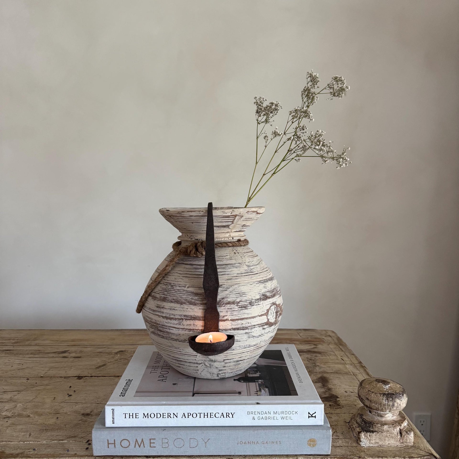 Vintage Wooden Matka Water Pot with Iron Tealight Spoon | Rustic Whitewashed Vase | Organic Wabi Sabi Decor