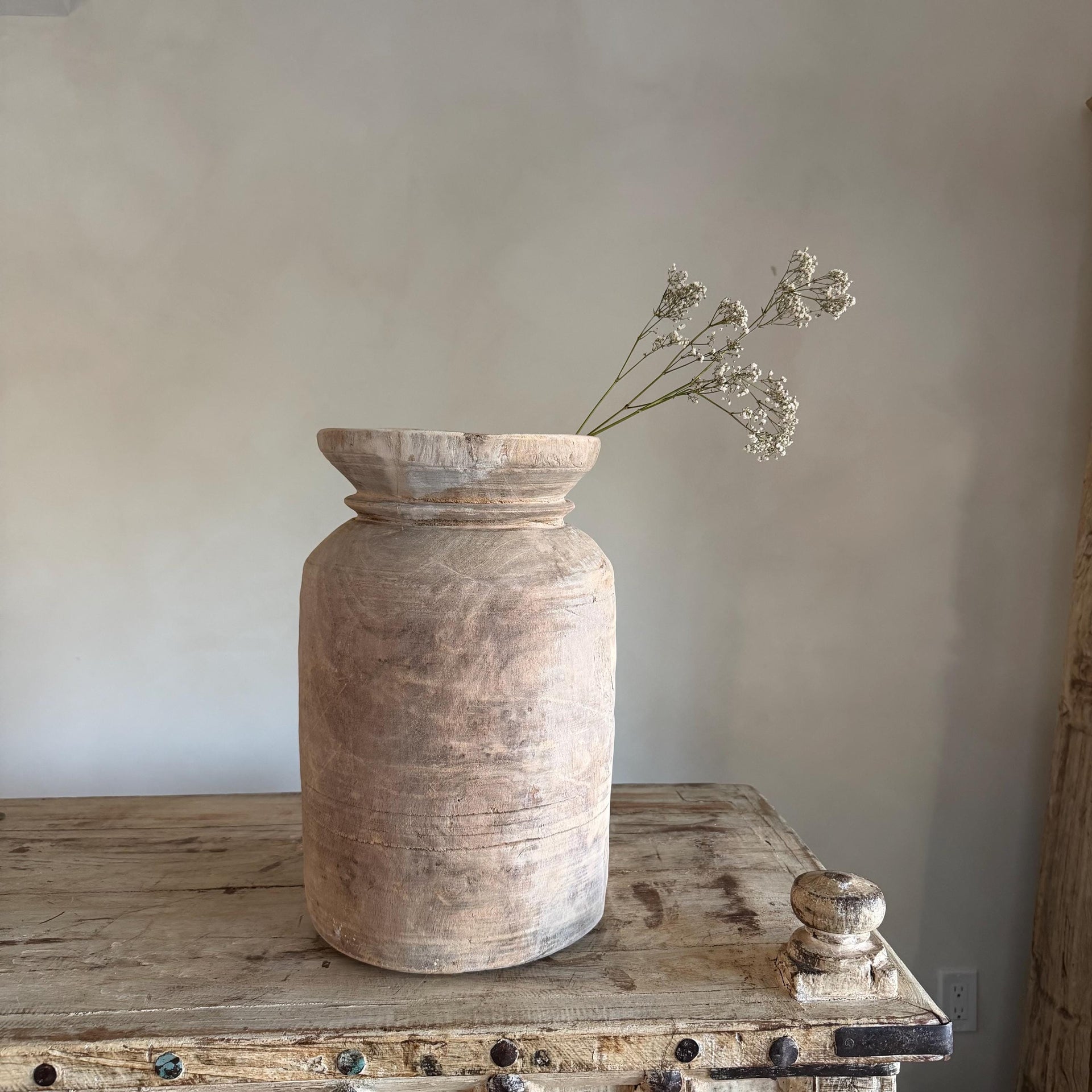 Extra Large Antique Teak Wood Vase 15" | Vintage Bleached Vessel | Hand Carved Wabi Sabi Jar