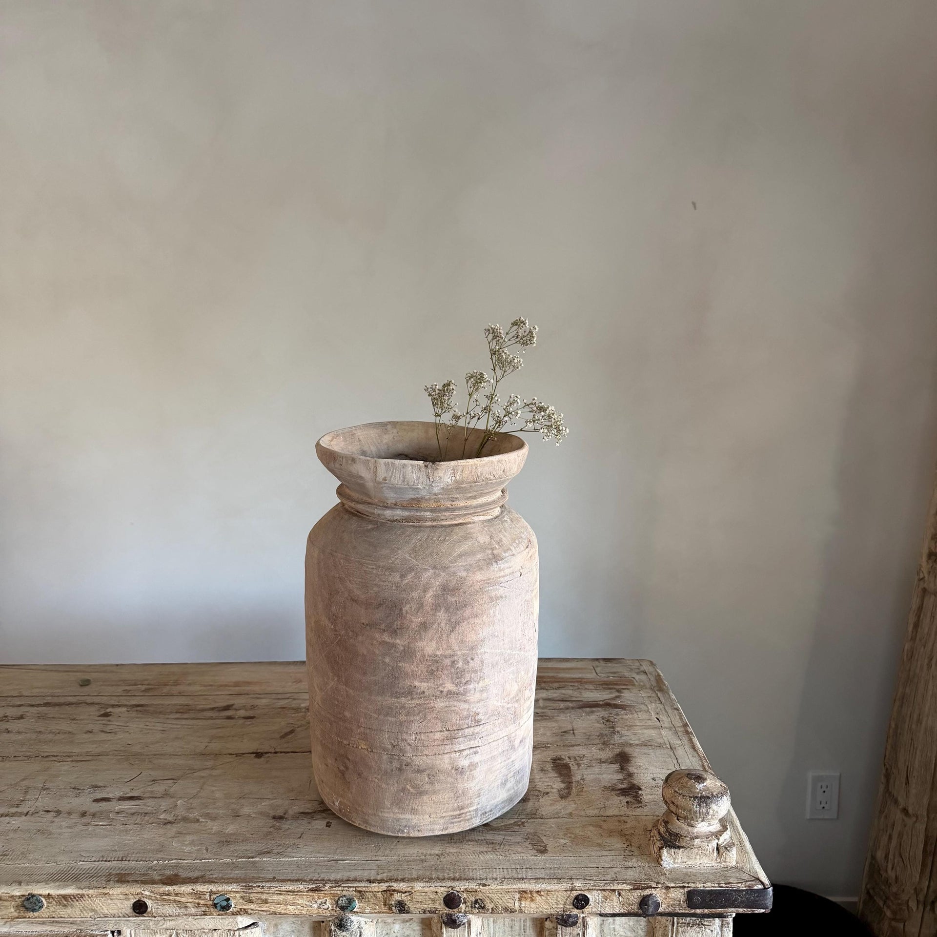 Extra Large Antique Teak Wood Vase 15" | Vintage Bleached Vessel | Hand Carved Wabi Sabi Jar