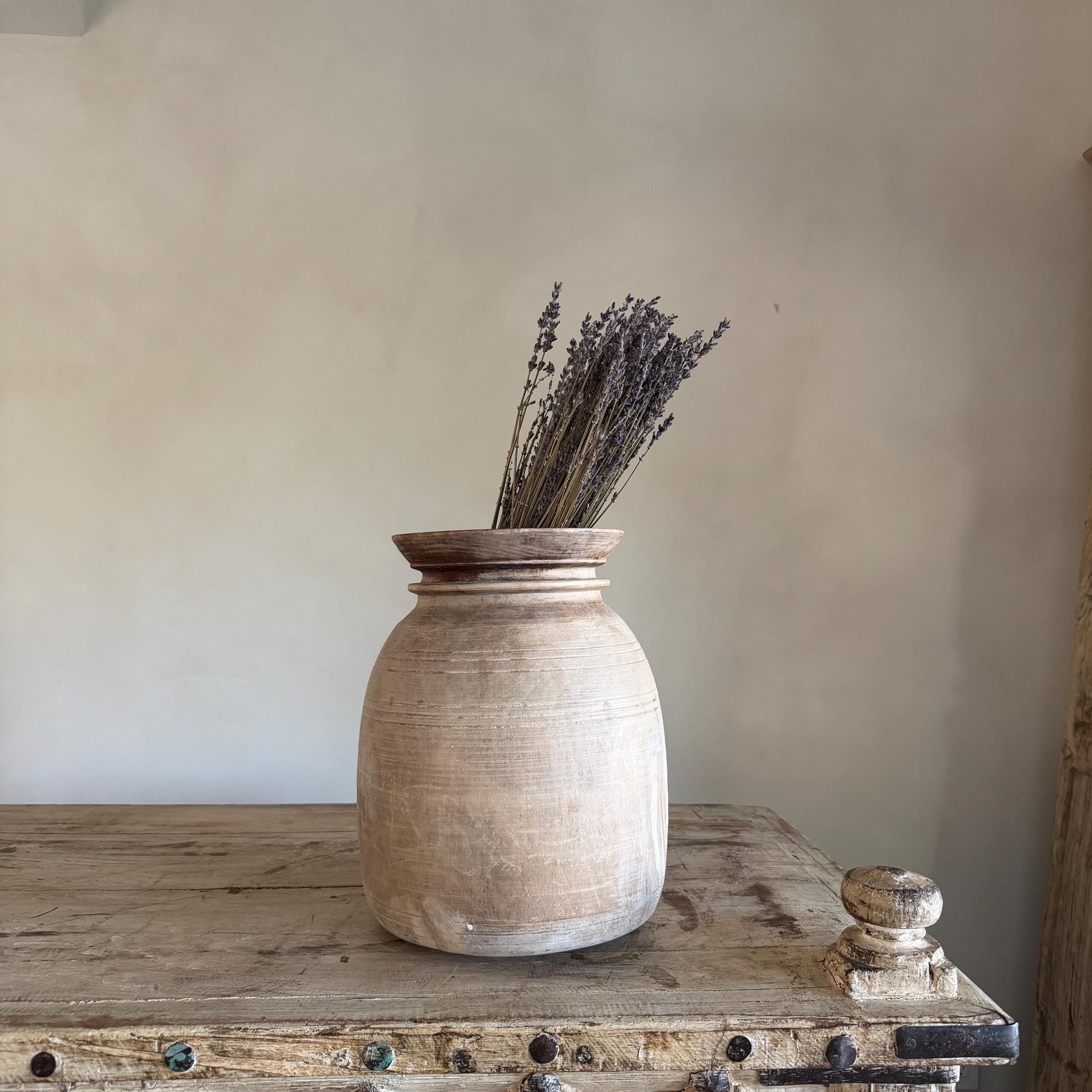Large Antique Teak Wood Vase 11.5" | Vintage Bleached Vessel | Hand Carved Wabi Sabi Jar