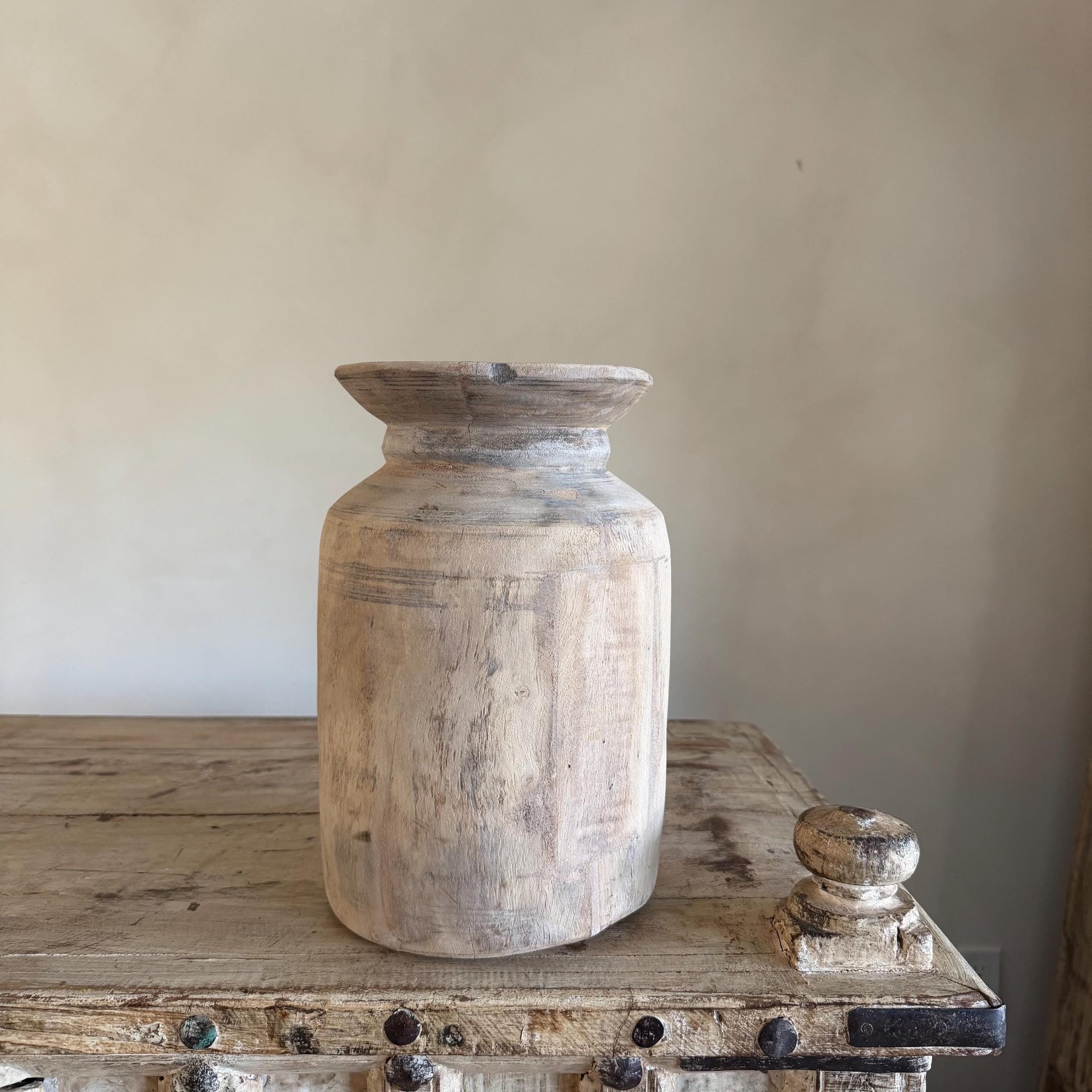 Large Antique Teak Wood Vase 11.5" | Vintage Bleached Vessel | Hand Carved Wabi Sabi Jar - Project Kalaā