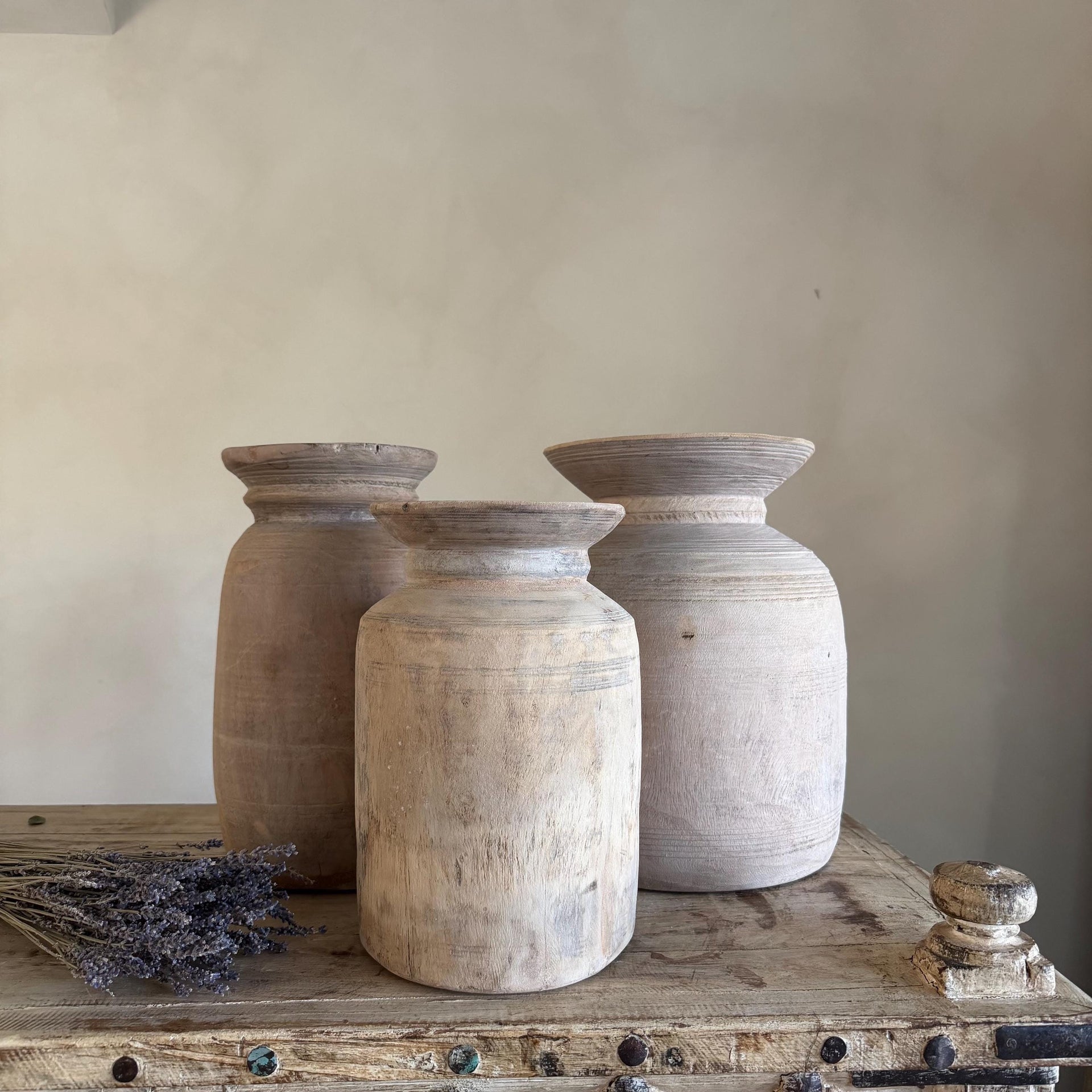 Large Antique Teak Wood Vase 11.5" | Vintage Bleached Vessel | Hand Carved Wabi Sabi Jar