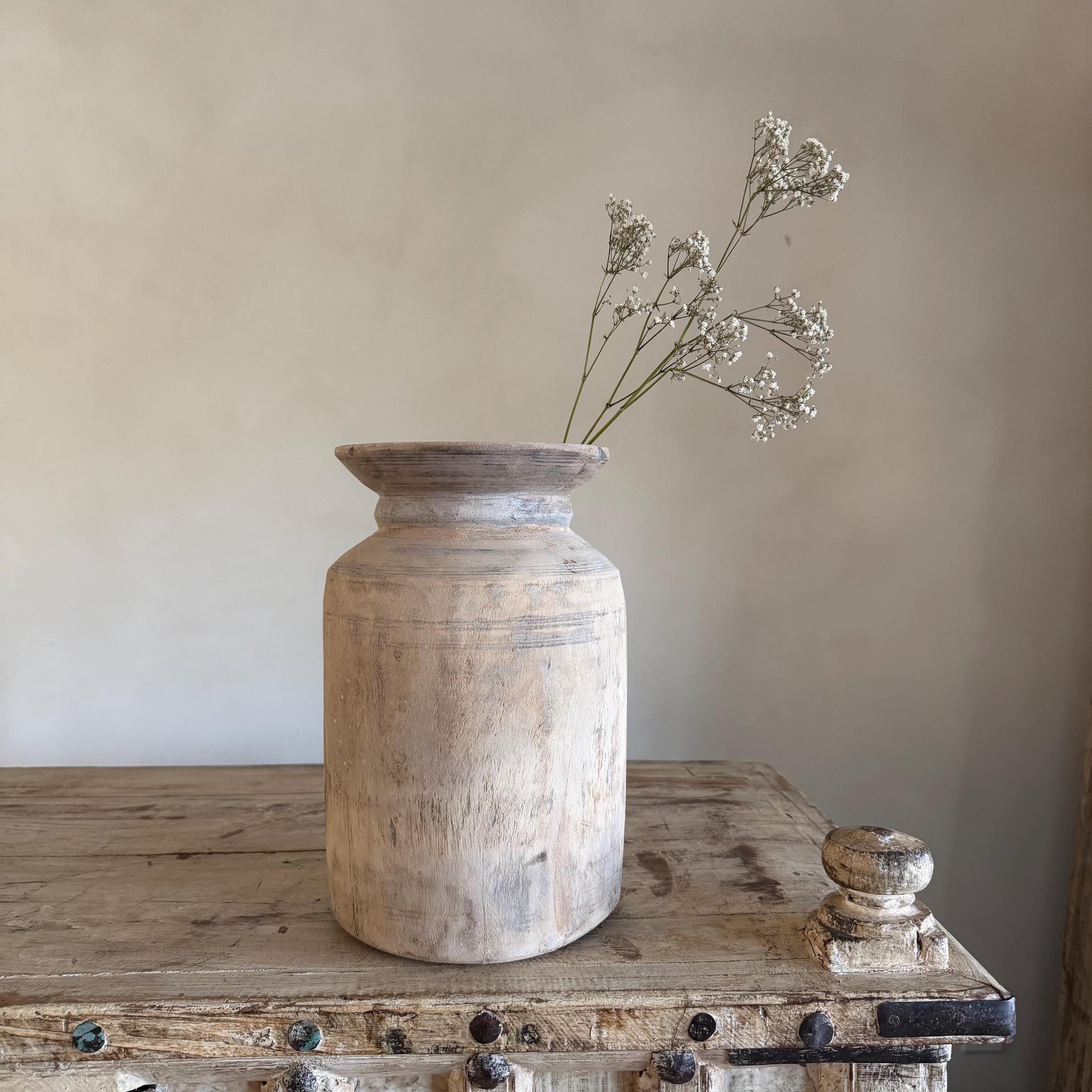 Large Antique Teak Wood Vase 11.5" | Vintage Bleached Vessel | Hand Carved Wabi Sabi Jar