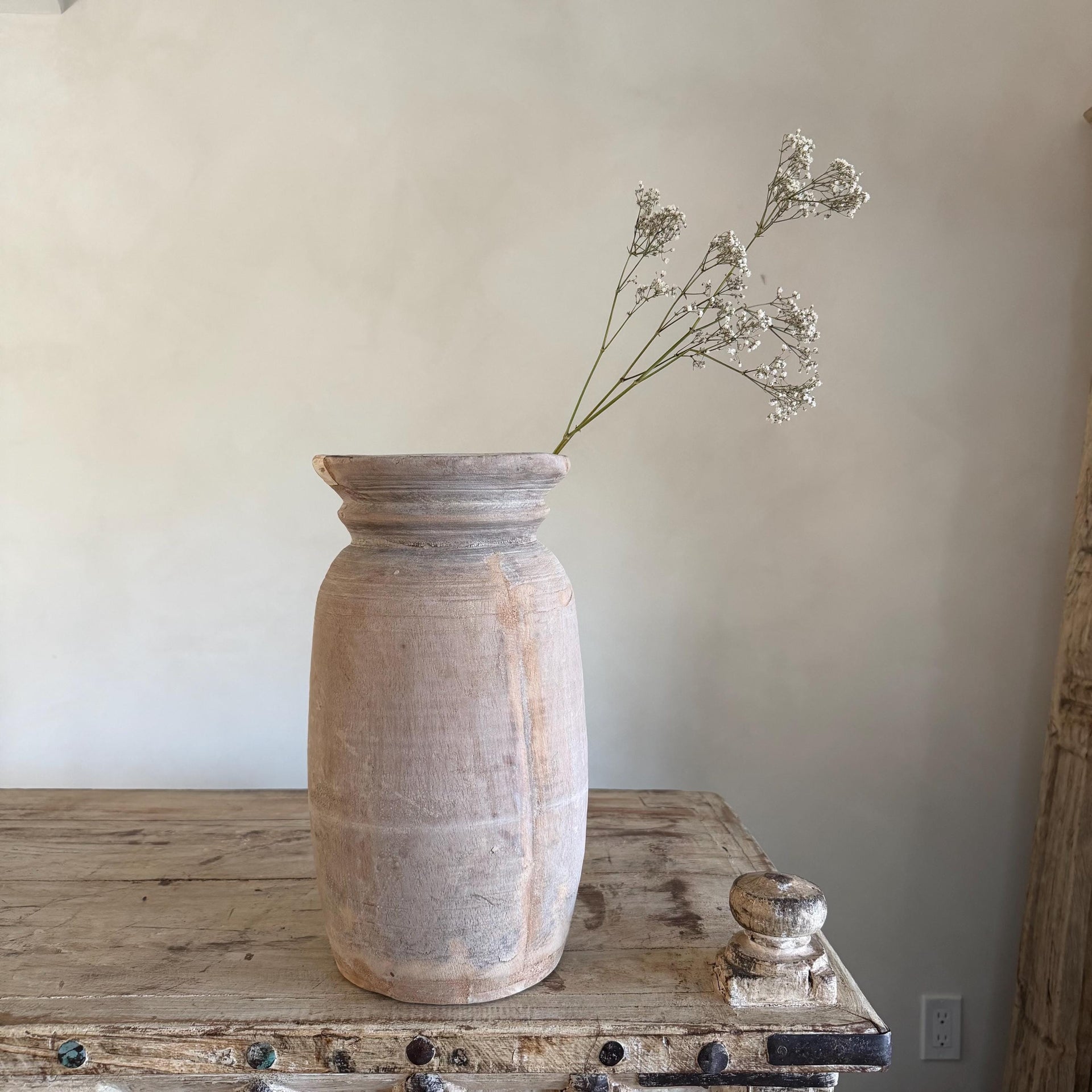 Extra Large Antique Teak Wood Vase 13.5" | Vintage Bleached Vessel | Hand Carved Wabi Sabi Jar
