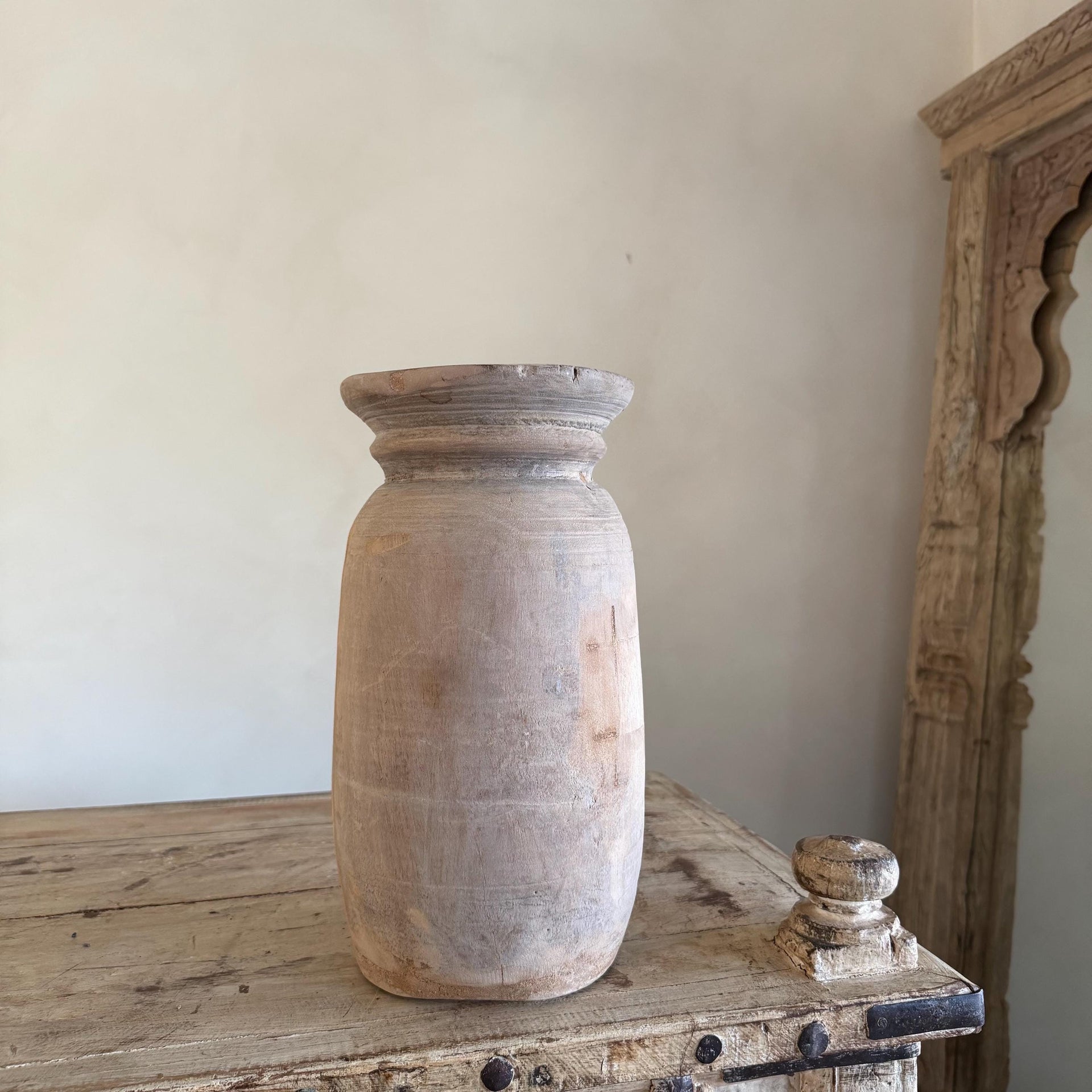 Extra Large Antique Teak Wood Vase 13.5" | Vintage Bleached Vessel | Hand Carved Wabi Sabi Jar - Project Kalaā