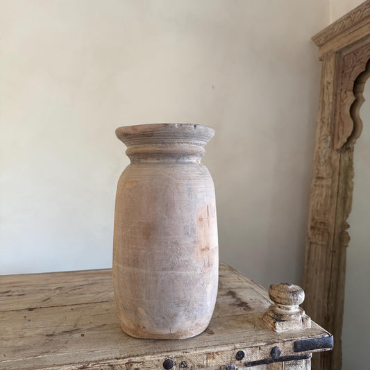 Extra Large Antique Teak Wood Vase 13.5" | Vintage Bleached Vessel | Hand Carved Wabi Sabi Jar - Project Kalaā