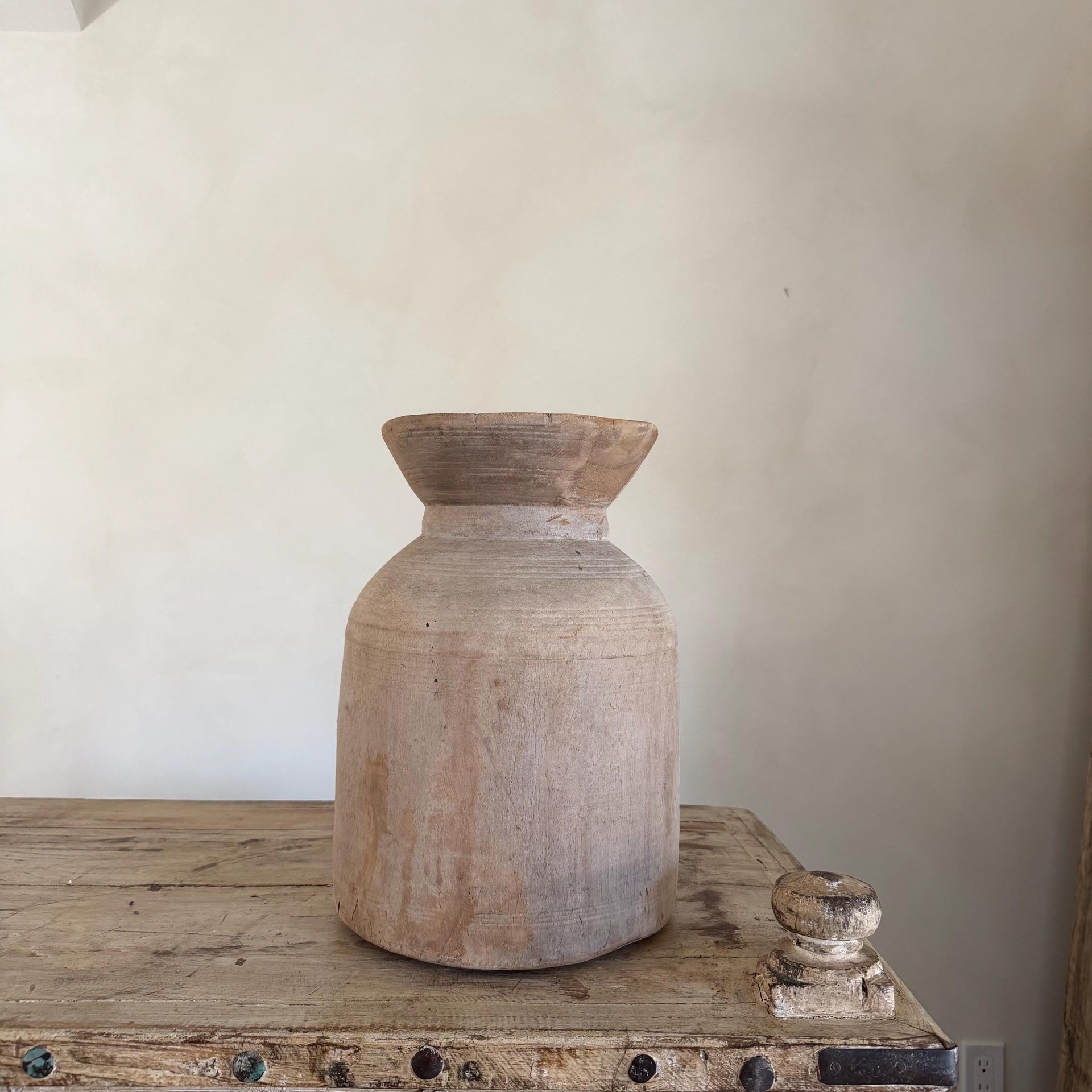 Extra Large Antique Teak Wood Vase 14" | Vintage Bleached Vessel | Hand Carved Wabi Sabi Jar - Project Kalaā