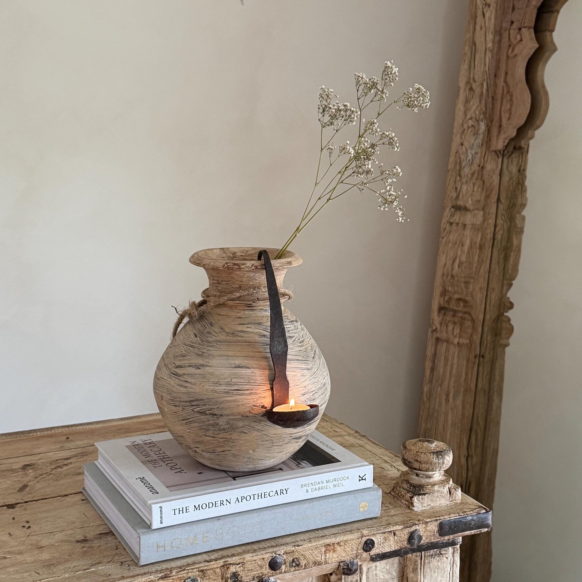 Vintage Wooden Matka Water Pot with Iron Tealight Spoon | Rustic Whitewashed Vase | Organic Wabi Sabi Decor