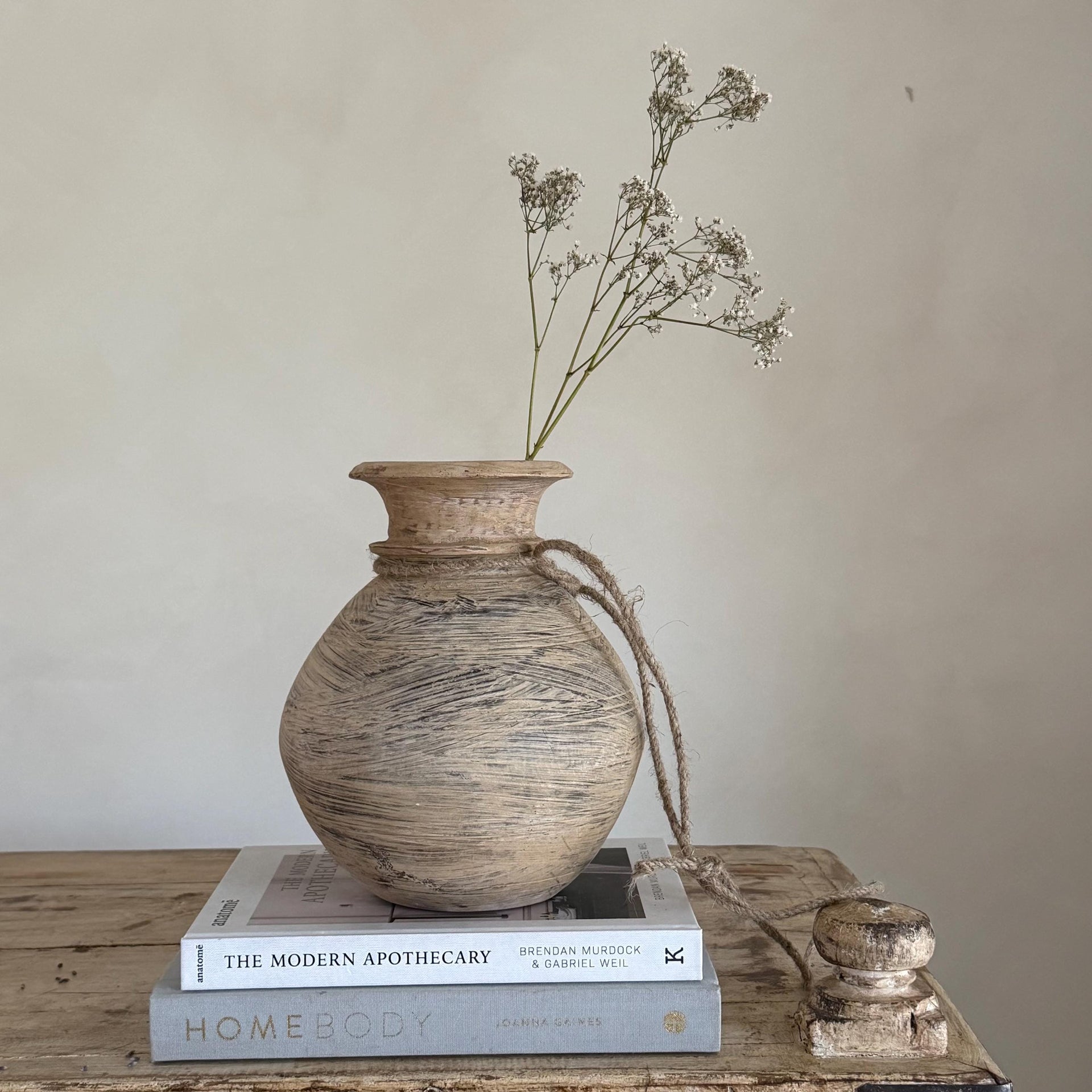 Vintage Wooden Matka Water Pot with Iron Tealight Spoon | Rustic Whitewashed Vase | Organic Wabi Sabi Decor - Project Kalaā