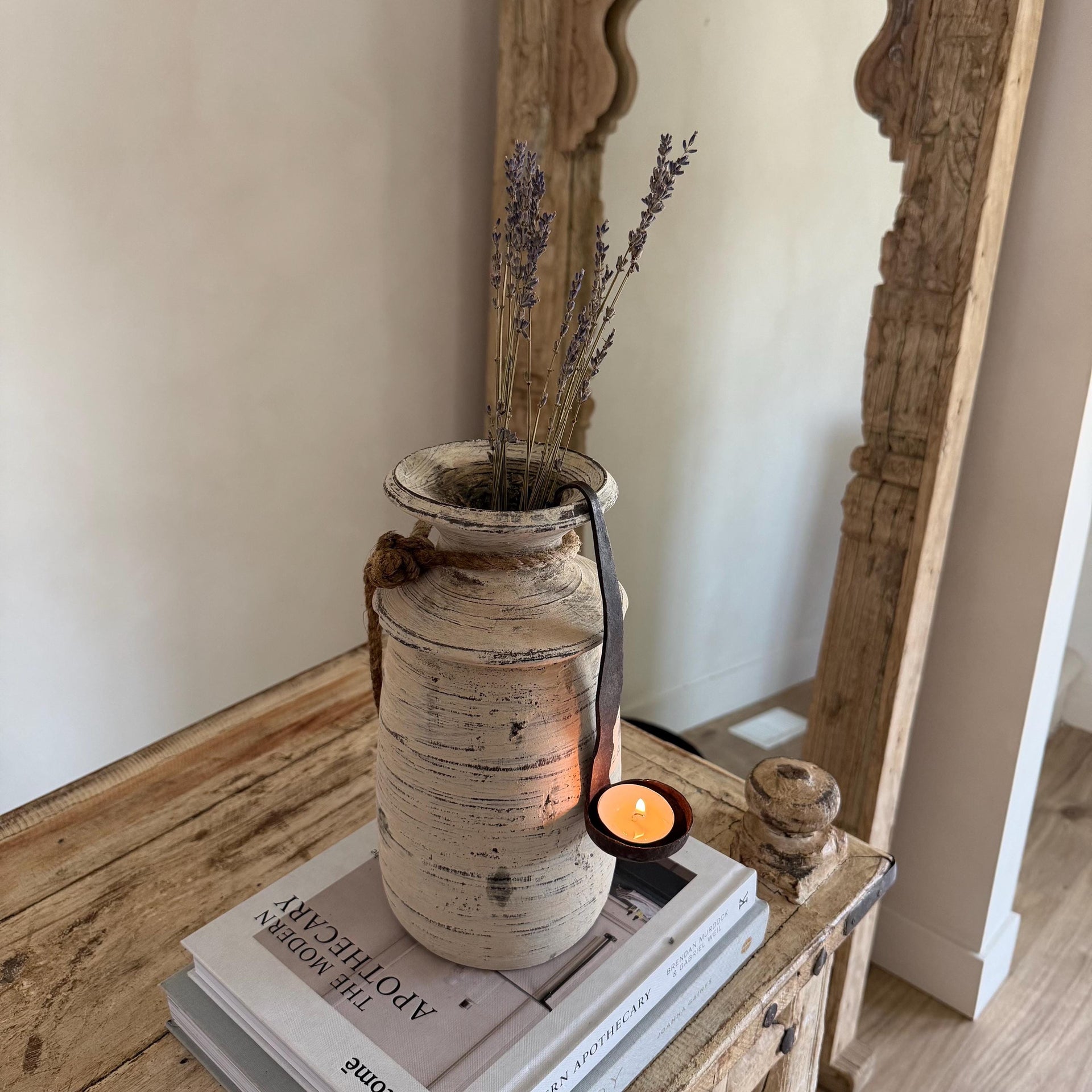 Vintage Wooden Jug Water Pot with Iron Tealight Spoon | Rustic Whitewashed Vase | Organic Wabi Sabi Decor