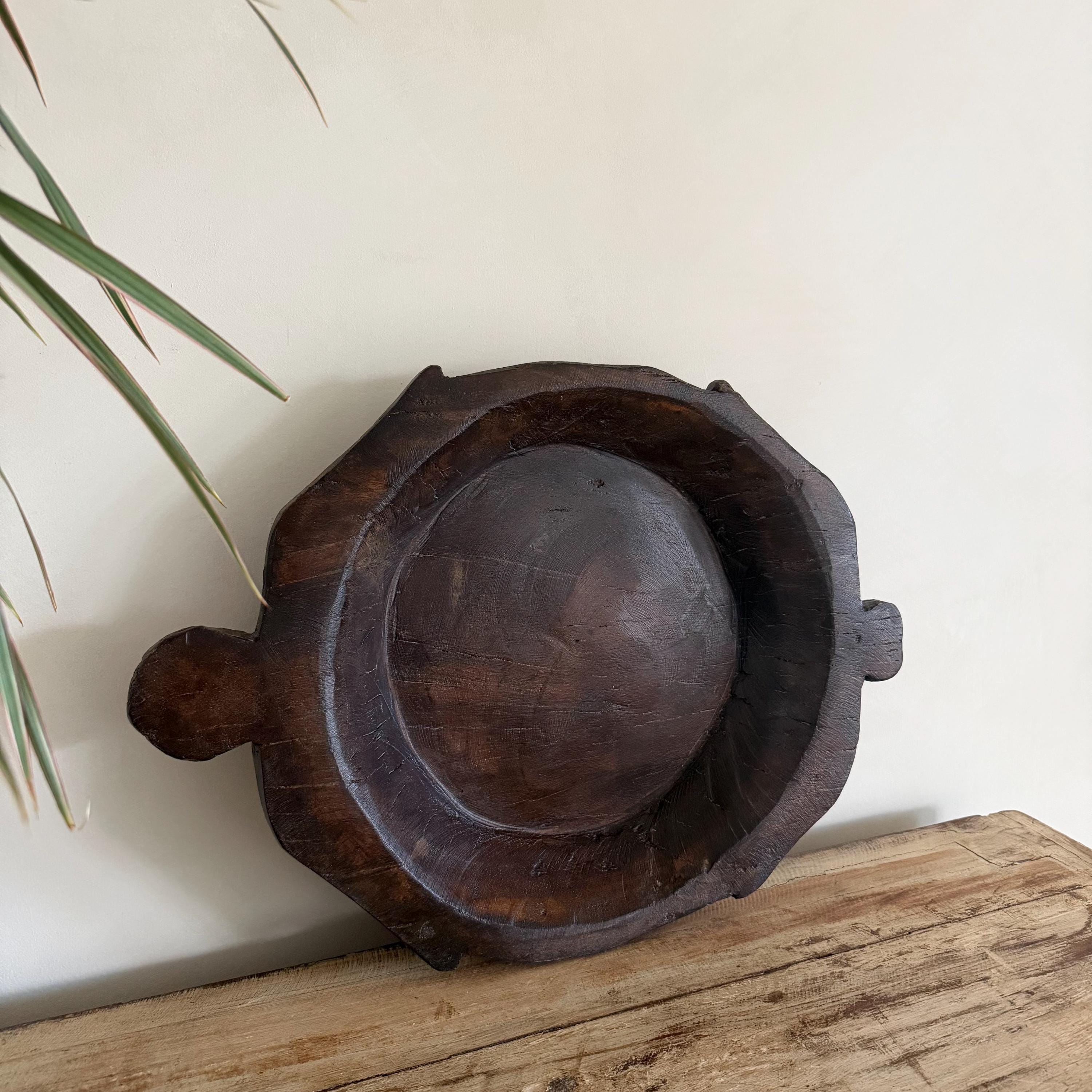 Vintage Teak Wood Dough Bowl | Dark Rustic Parat Tray 19" - Project Kalaā