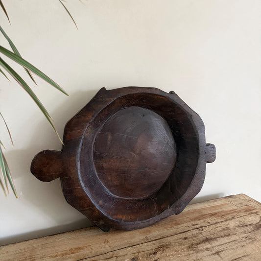 Vintage Teak Wood Dough Bowl | Dark Rustic Parat Tray 19" - Project Kalaā