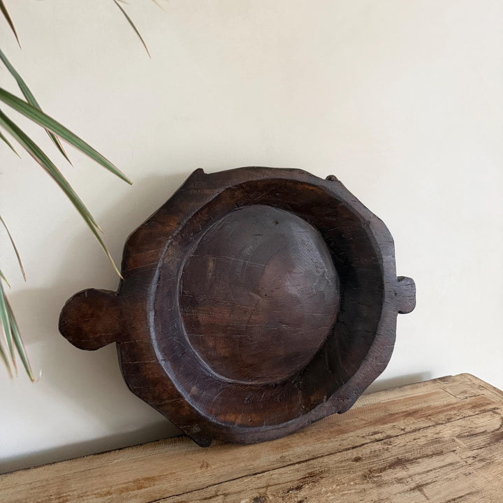 Vintage Teak Wood Dough Bowl | Dark Rustic Parat Tray 19" - Project Kalaā