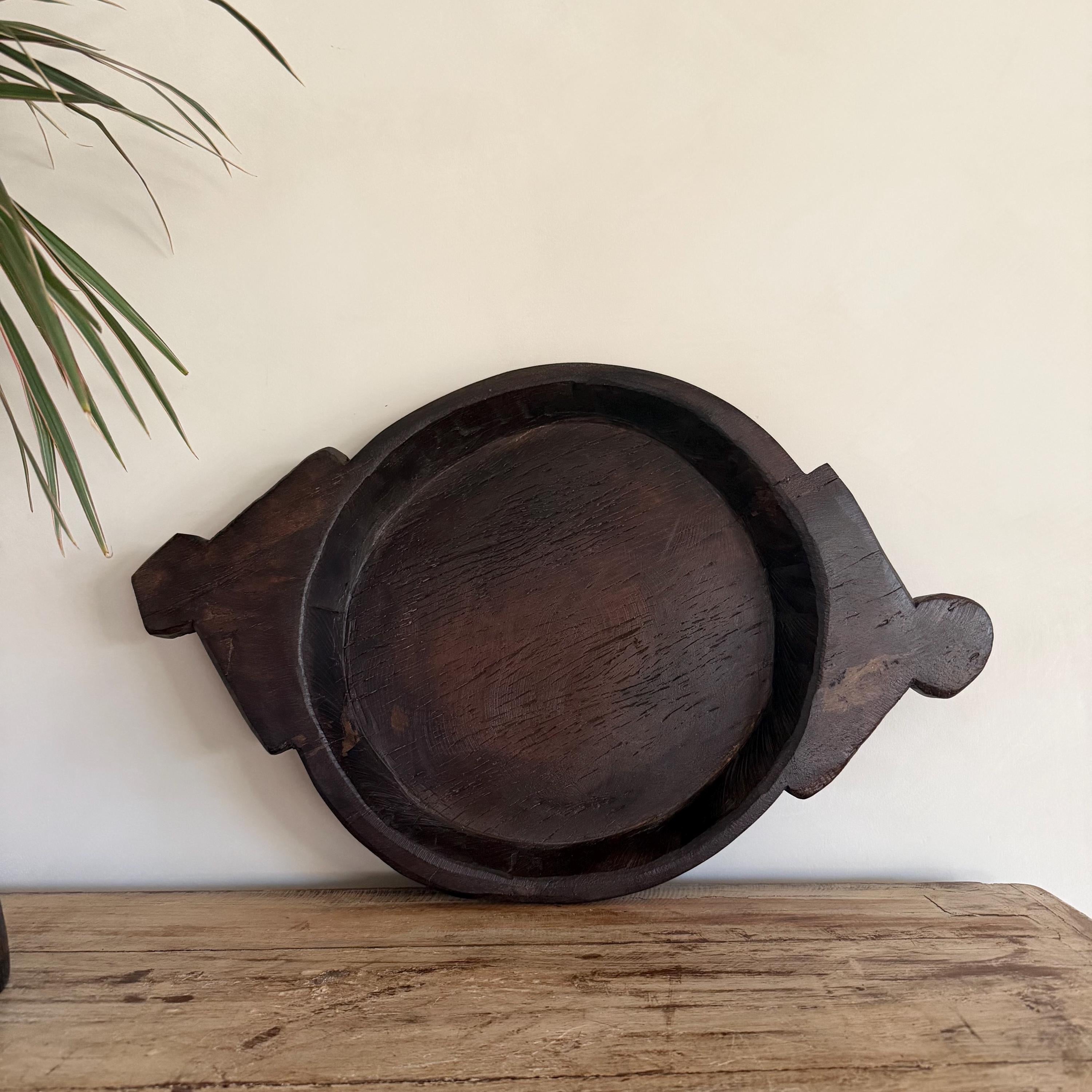 Vintage Teak Wood Dough Bowl | Dark Rustic Parat Tray 23.2" - Project Kalaā