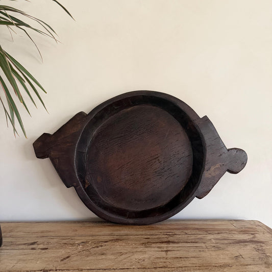 Vintage Teak Wood Dough Bowl | Dark Rustic Parat Tray 23.2" - Project Kalaā