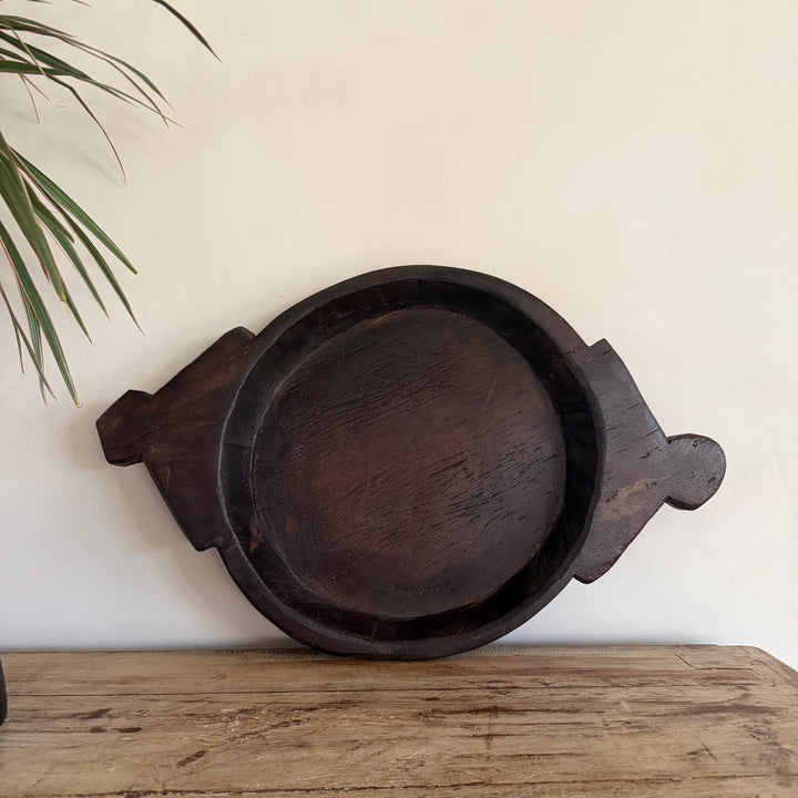Vintage Teak Wood Dough Bowl | Dark Rustic Parat Tray 23.2" - Project Kalaā
