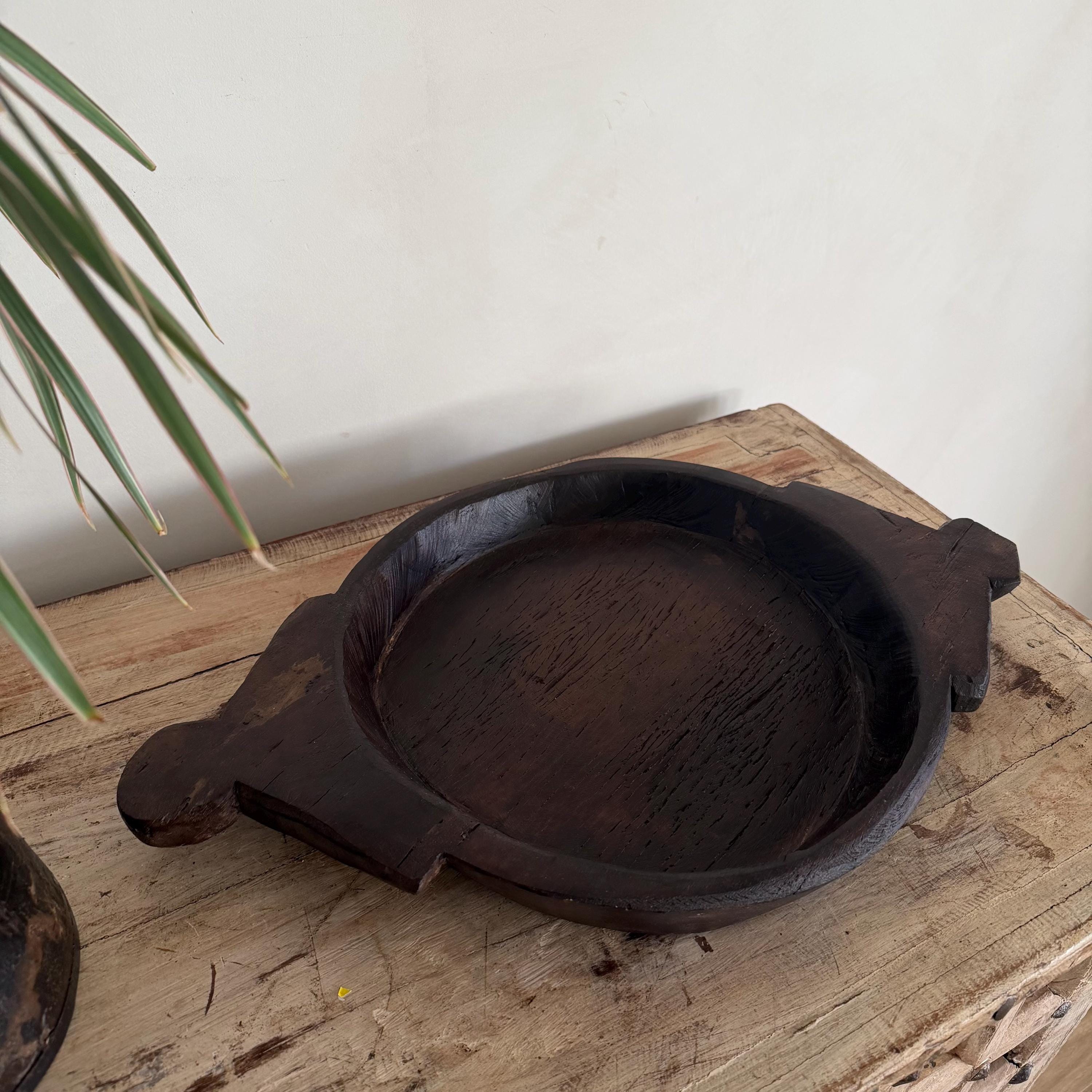 Vintage Teak Wood Dough Bowl | Dark Rustic Parat Tray 23.2" - Project Kalaā