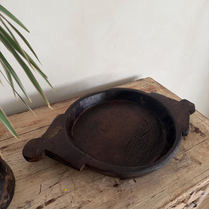 Vintage Teak Wood Dough Bowl | Dark Rustic Parat Tray 23.2" - Project Kalaā