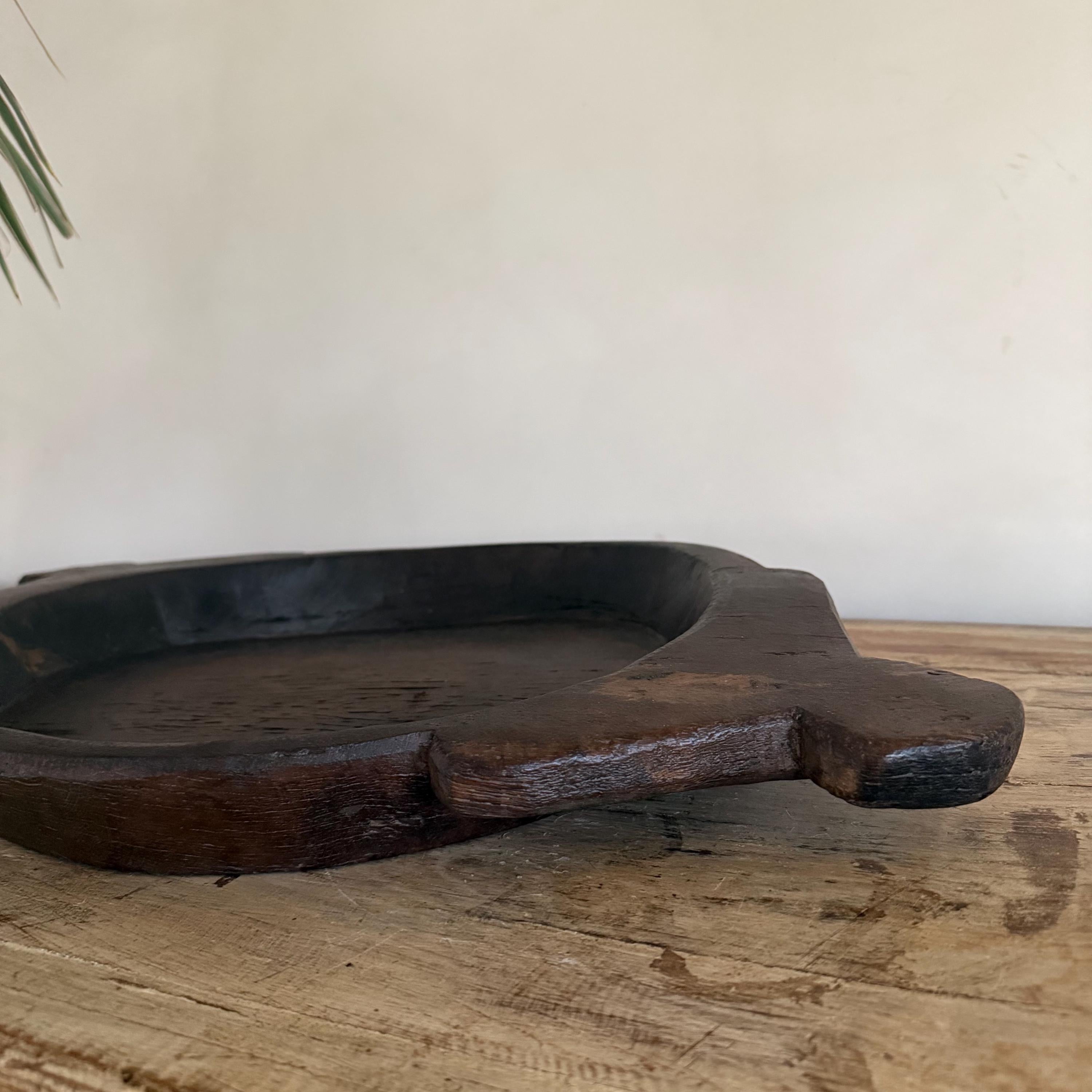 Vintage Teak Wood Dough Bowl | Dark Rustic Parat Tray 23.2" - Project Kalaā