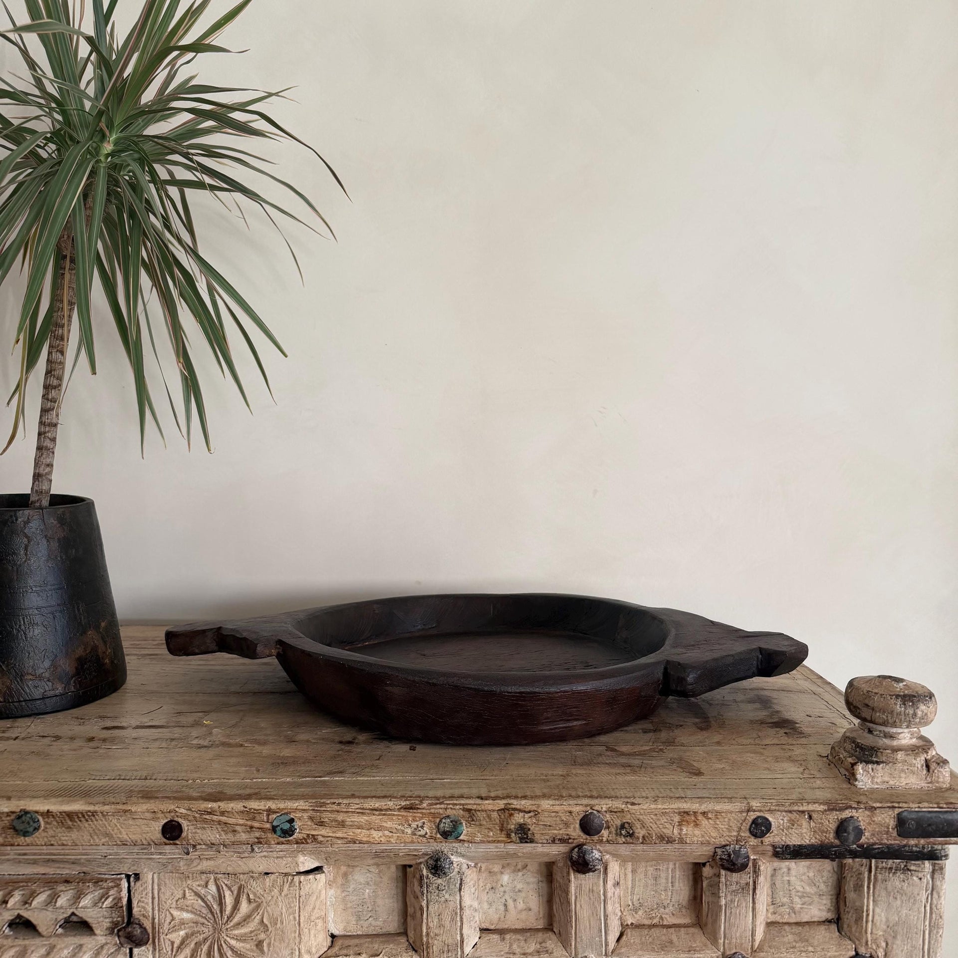 Vintage Teak Wood Dough Bowl | Dark Rustic Parat Tray 23.2"