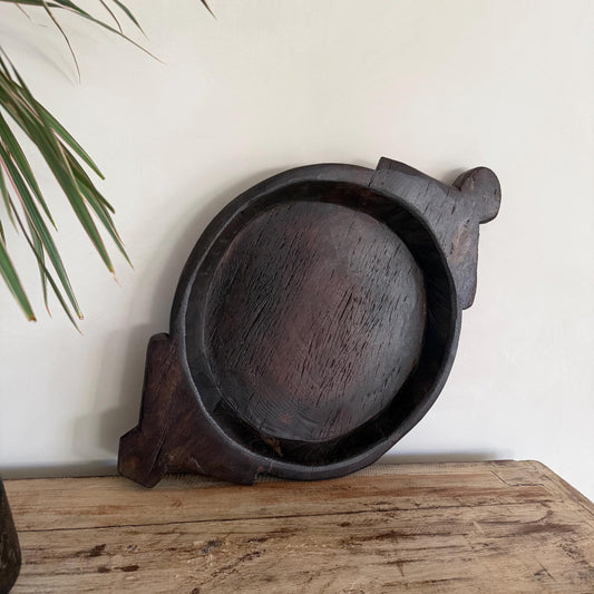 Vintage Teak Wood Dough Bowl | Dark Rustic Parat Tray 23.2" - Project Kalaā