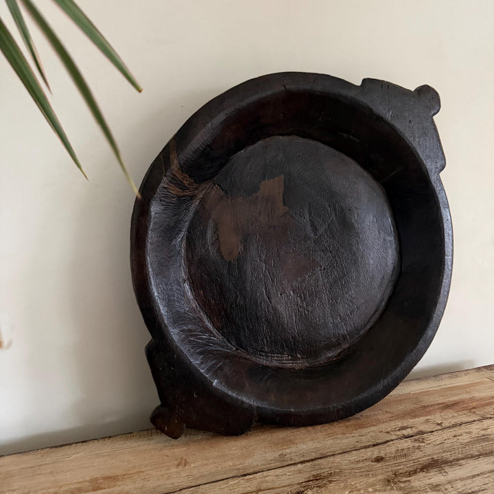 Vintage Teak Wood Dough Bowl | Dark Rustic Parat Tray 19" - Project Kalaā