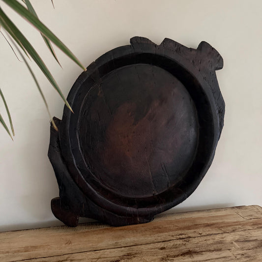 Vintage Teak Wood Dough Bowl | Dark Rustic Parat Tray 21" - Project Kalaā