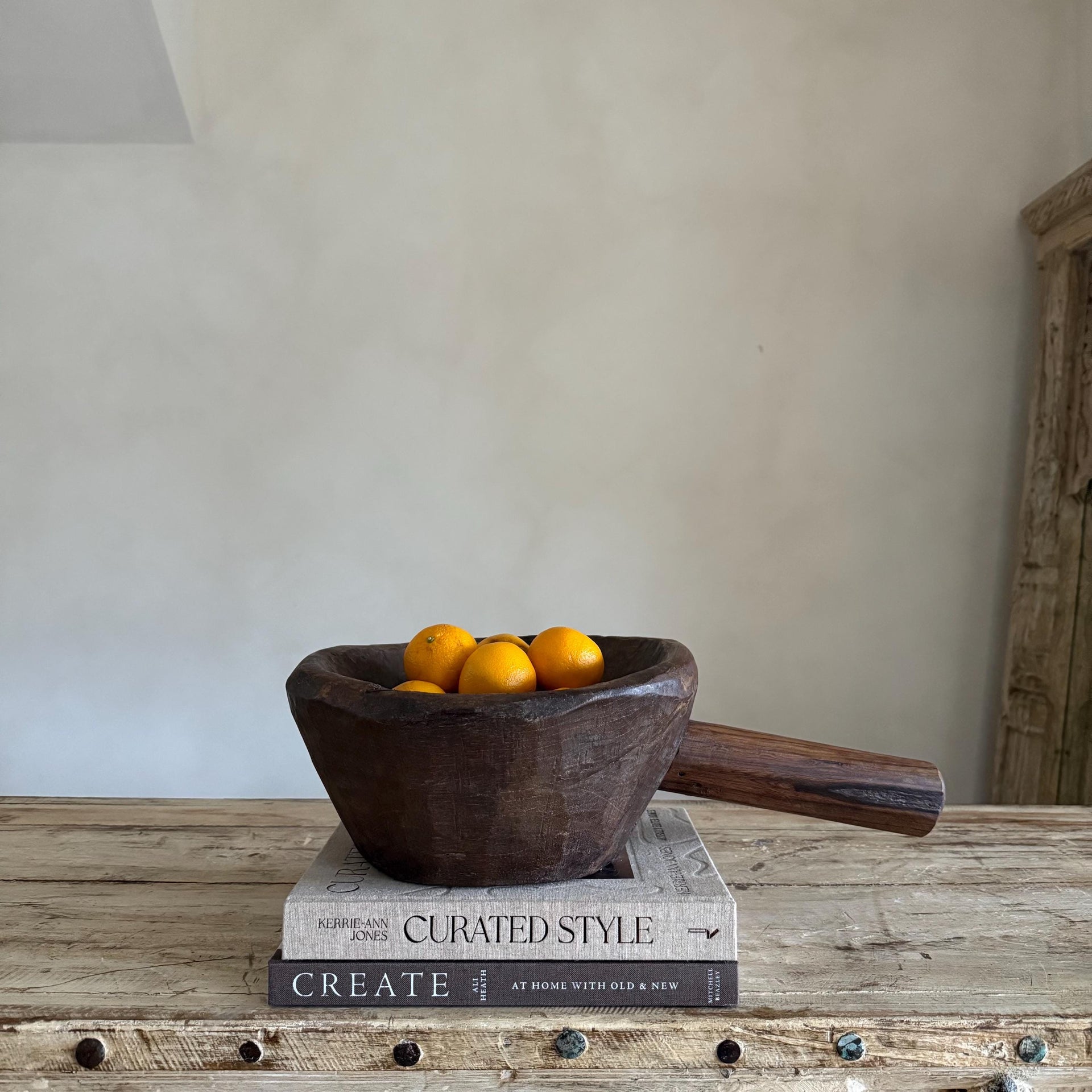 Antique Hand Carved Wooden Mortar with handle - Project Kalaā