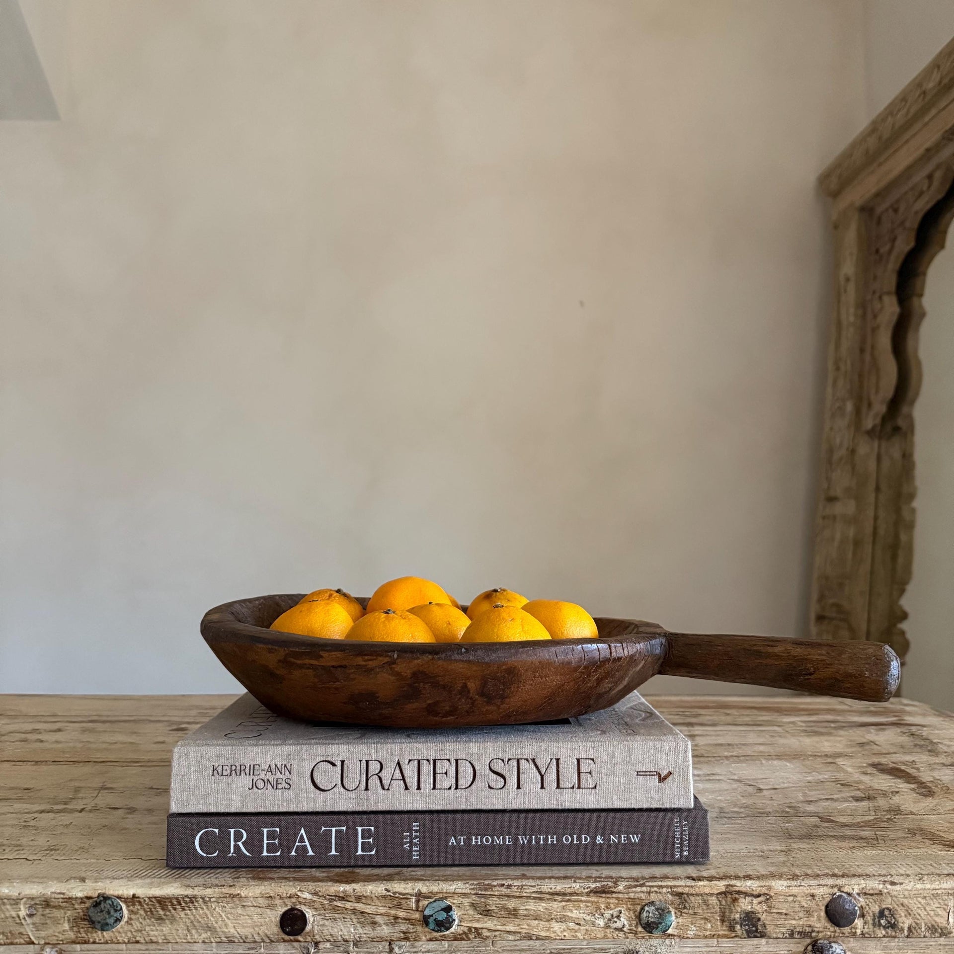 Antique Hand Carved Wooden Mortar | Vintage Rustic Grinder Bowl with Handle 17" - Project Kalaā