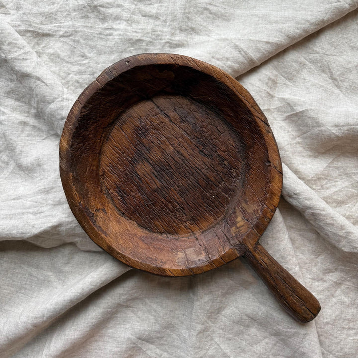 Antique Hand Carved Wooden Mortar | Vintage Rustic Grinder Bowl with Handle 17" - Project Kalaā