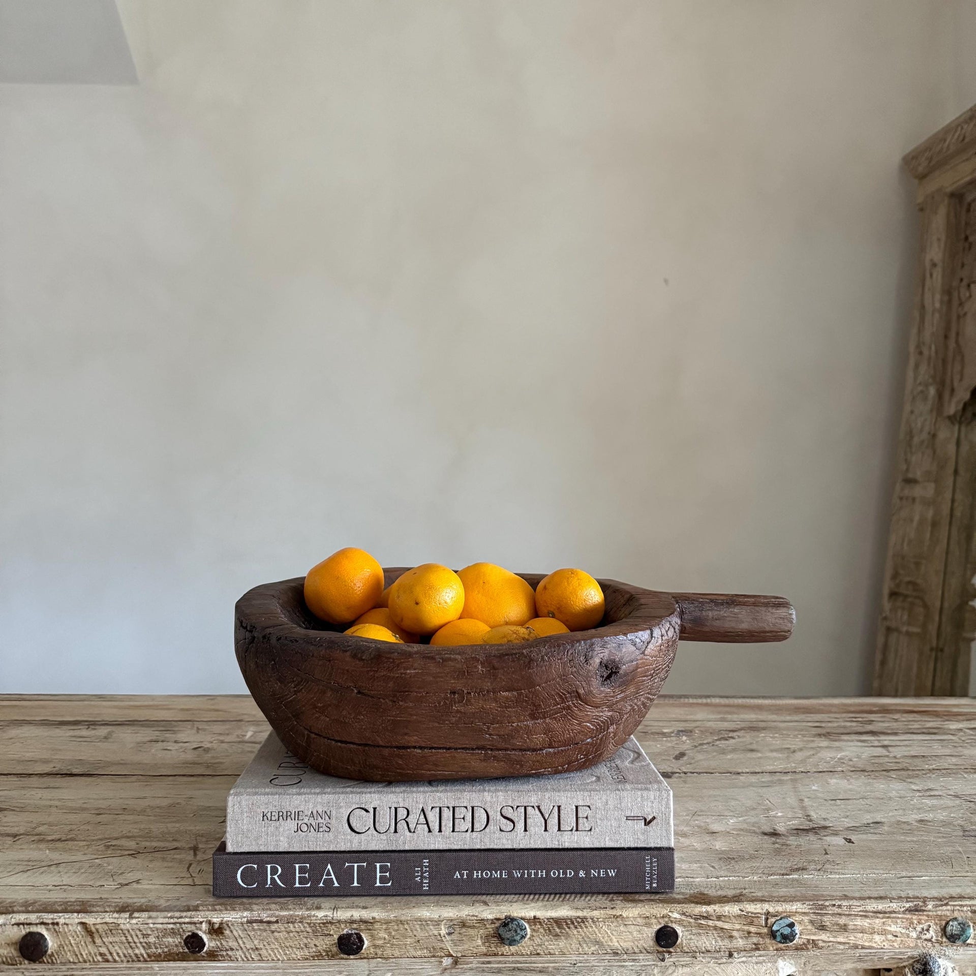 Antique Hand Carved Wooden Mortar | Vintage Rustic Grinder Bowl with Handle 17" - Project Kalaā