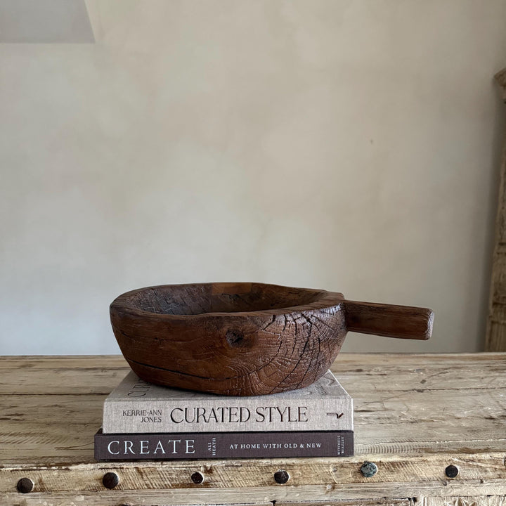 Antique Hand Carved Wooden Mortar | Vintage Rustic Grinder Bowl with Handle 17" - Project Kalaā
