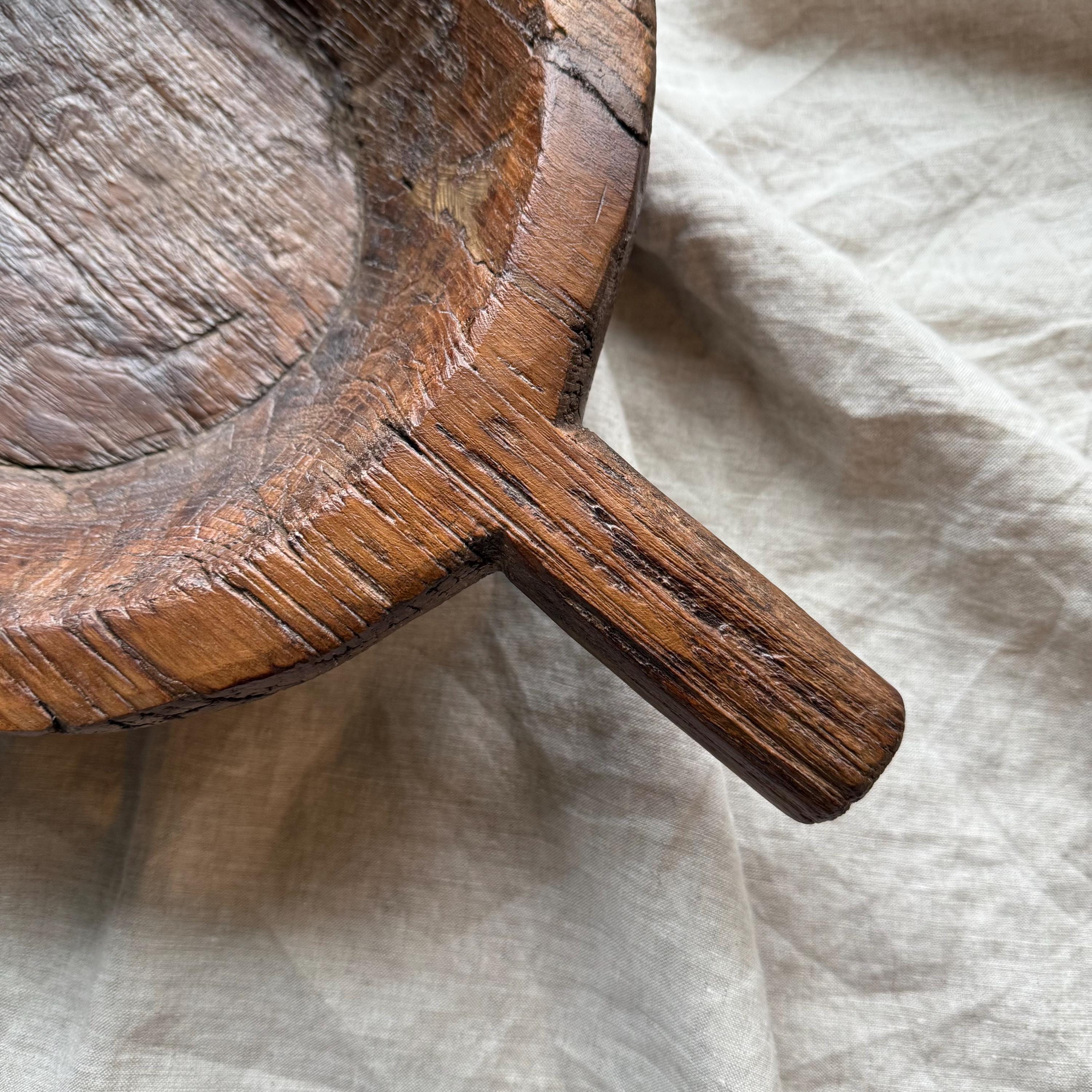 Antique Hand Carved Wooden Mortar | Vintage Rustic Grinder Bowl with Handle 17" - Project Kalaā