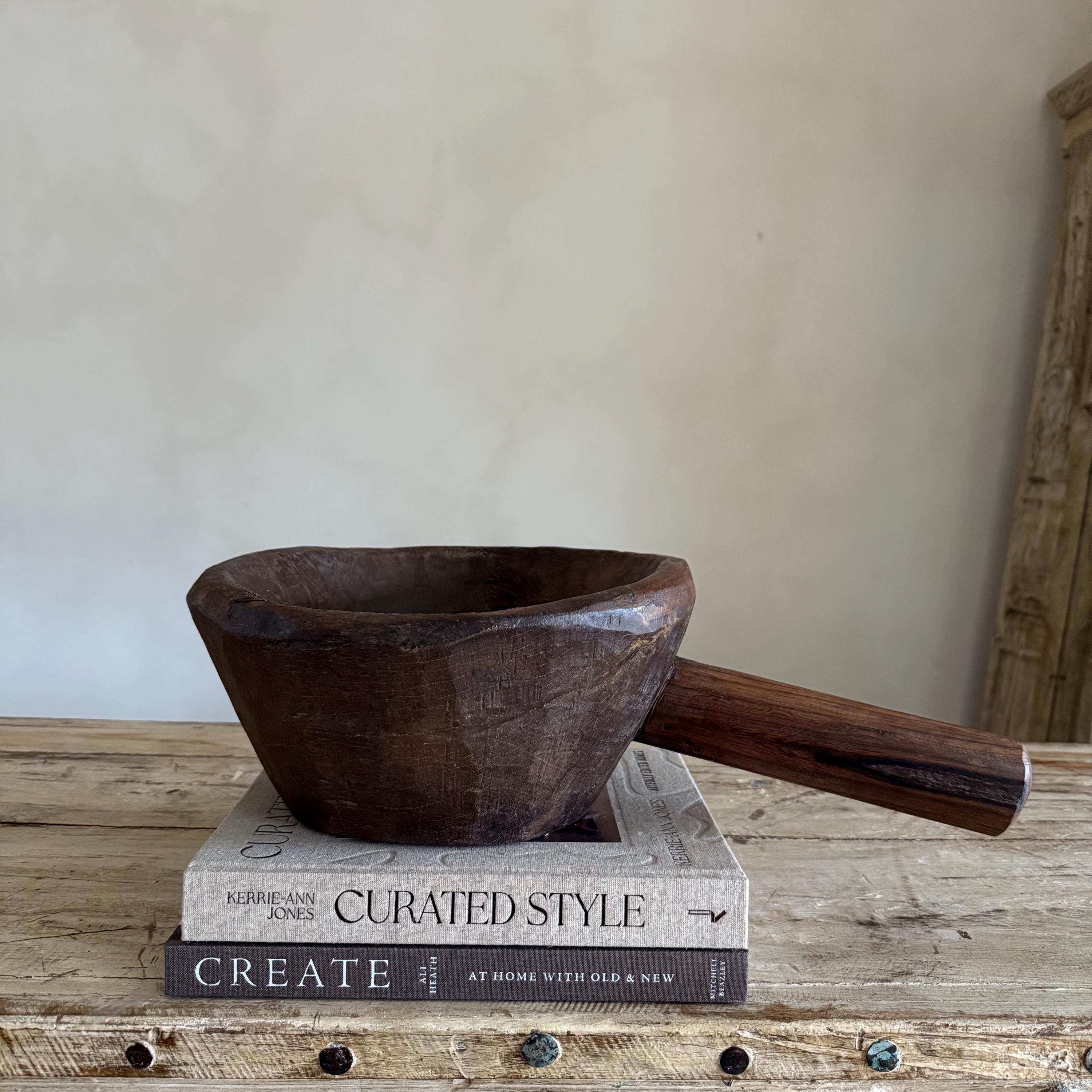 Antique Hand Carved Wooden Mortar with handle - Project Kalaā