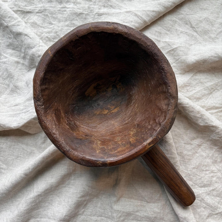 Antique Hand Carved Wooden Mortar with handle - Project Kalaā