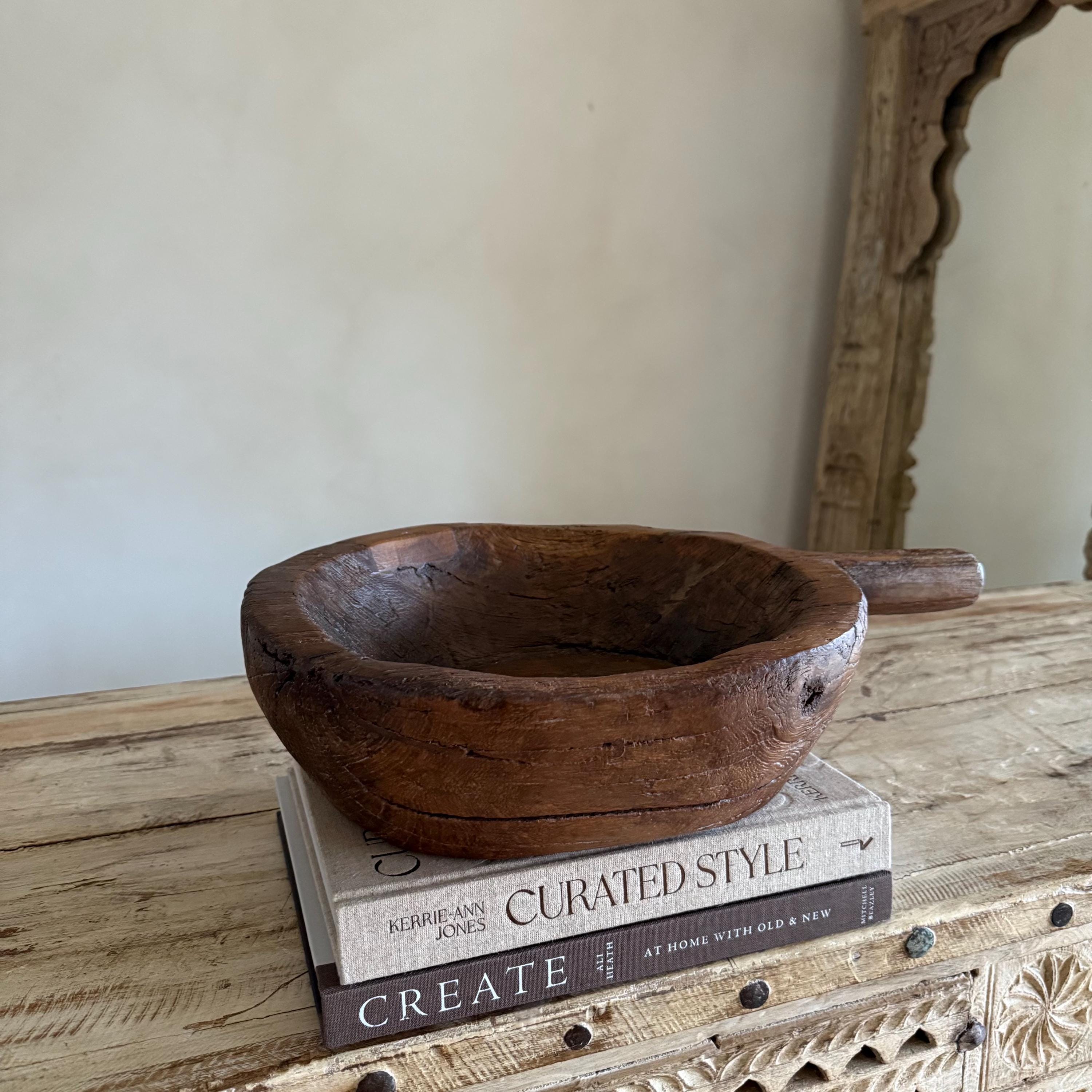Antique Hand Carved Wooden Mortar | Vintage Rustic Grinder Bowl with Handle 17" - Project Kalaā