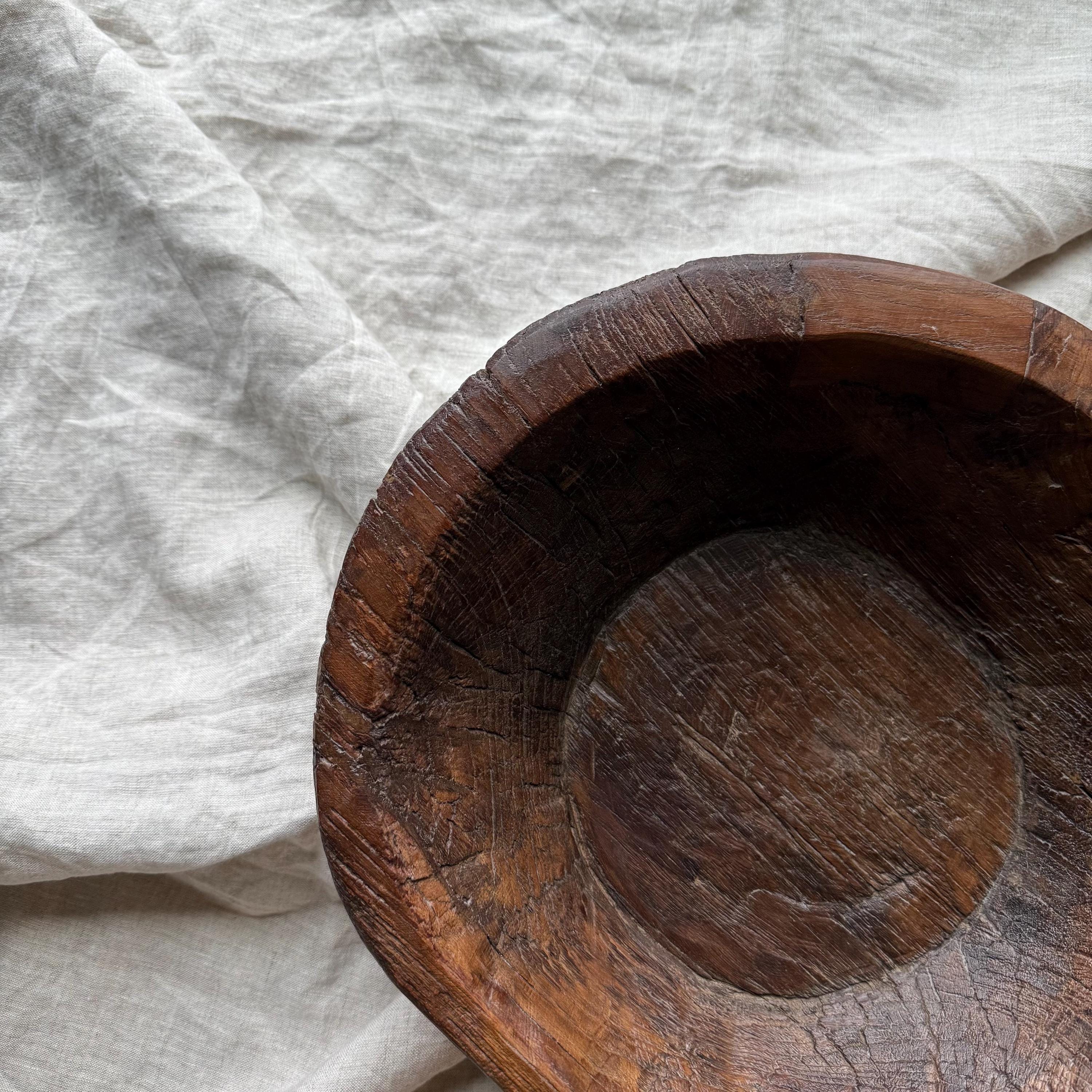 Antique Hand Carved Wooden Mortar | Vintage Rustic Grinder Bowl with Handle 17" - Project Kalaā