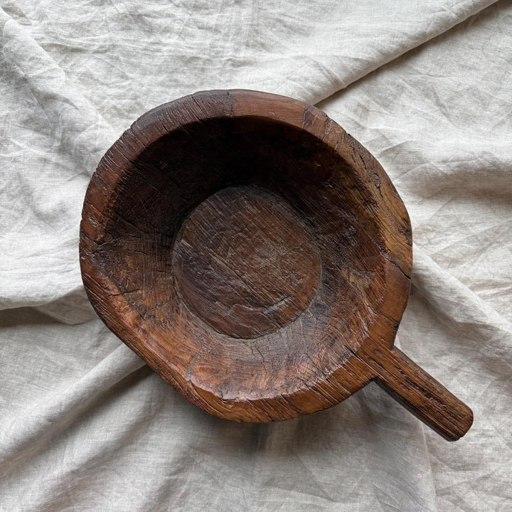 Antique Hand Carved Wooden Mortar | Vintage Rustic Grinder Bowl with Handle 17" - Project Kalaā