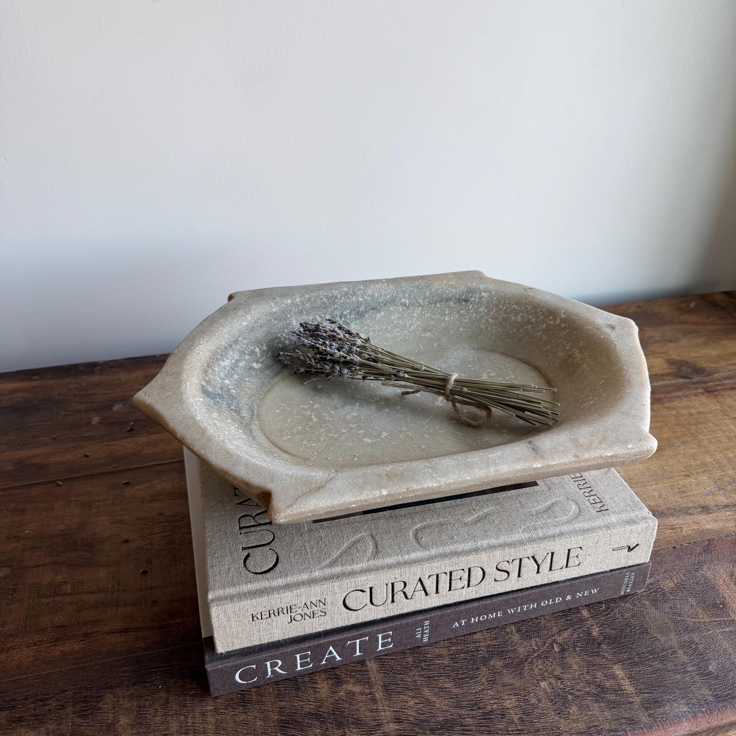 Vintage Marble Kharal Stone Tray, Antique Limestone Carved Oval Tray, Primitive Marble Centerpiece - Project Kalaā