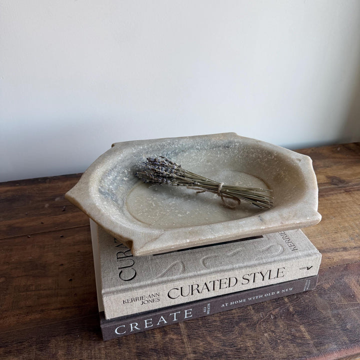 Vintage Marble Kharal Stone Tray, Antique Limestone Carved Oval Tray, Primitive Marble Centerpiece - Project Kalaā