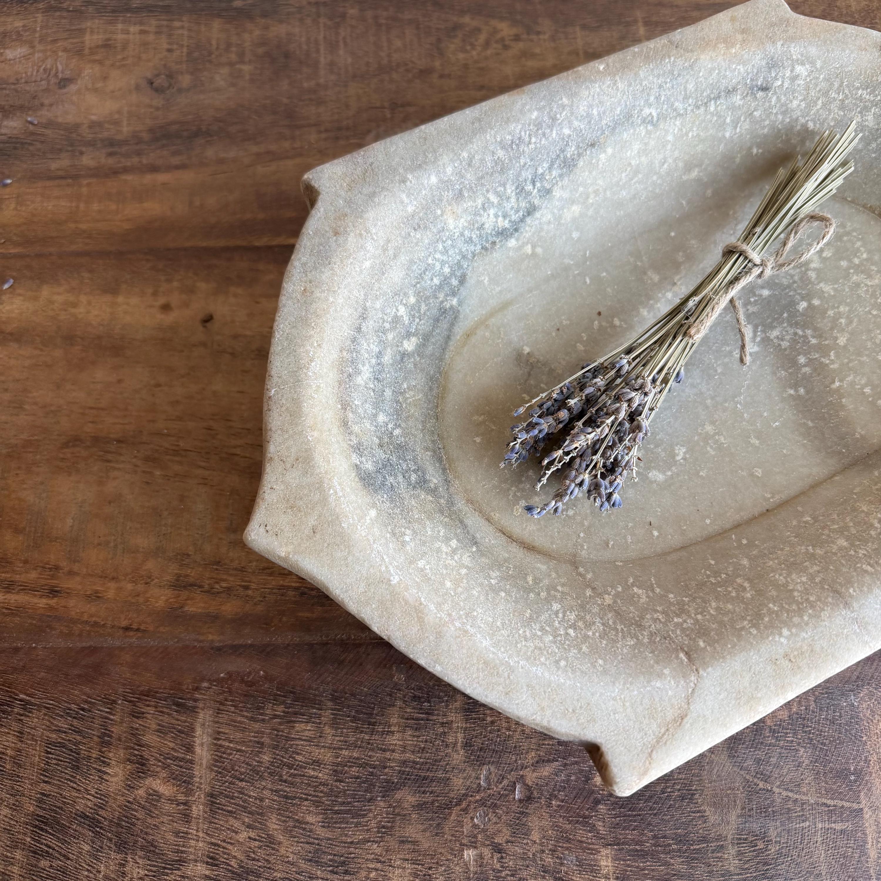 Vintage Marble Kharal Stone Tray, Antique Limestone Carved Oval Tray, Primitive Marble Centerpiece - Project Kalaā
