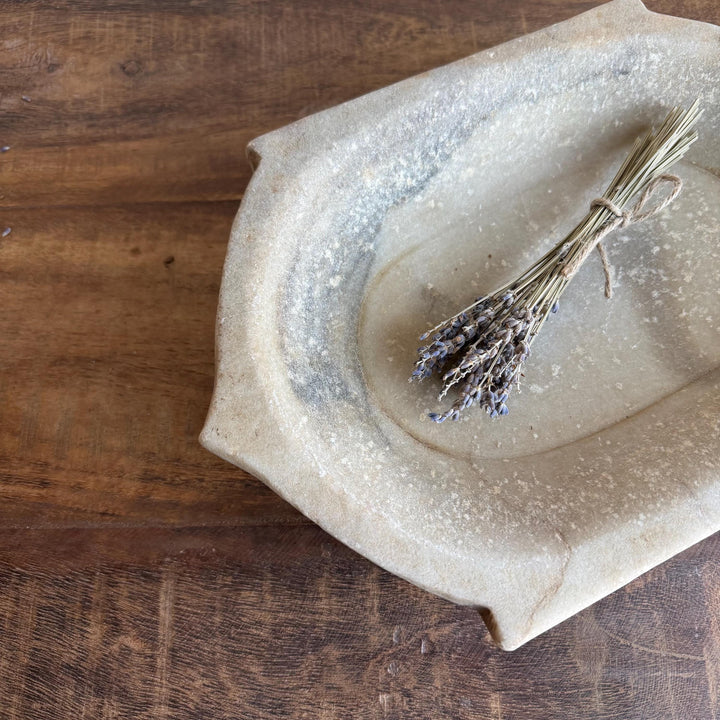 Vintage Marble Kharal Stone Tray, Antique Limestone Carved Oval Tray, Primitive Marble Centerpiece - Project Kalaā